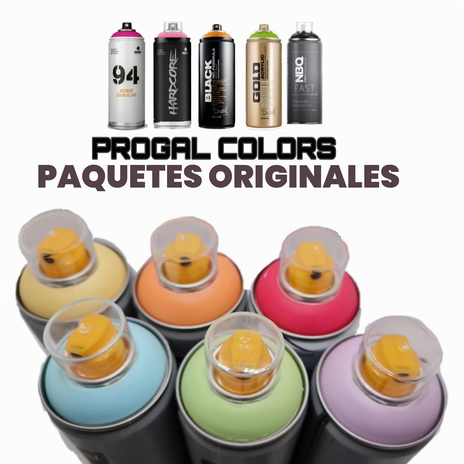 PROGAL COLORS NBQ SLOW PASTEL PACK (6x 400ml Spray Color + 6x Difusor/Cap de repuesto + Pegatinas) Spray de pintura multisuperficie baja presión acabado mate