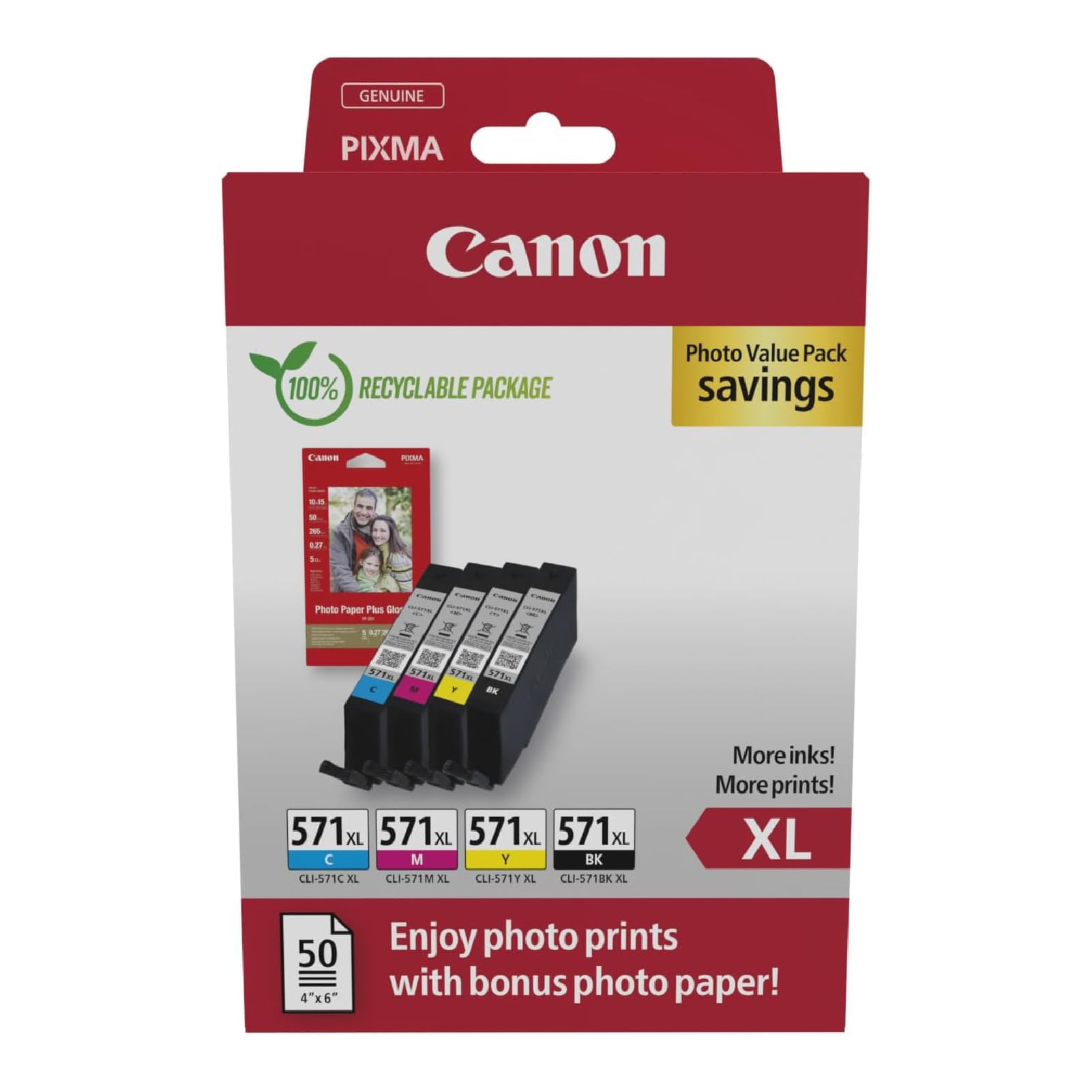 Canon CLI-571 XL C M Y BK Vorteilspack 4 Tintenpatronen größere Reichweite XL (Schwarz, Cyan, Magenta, Gelb) Original [Umweltfreundliche Recycle-Kartonverpackung 2024]