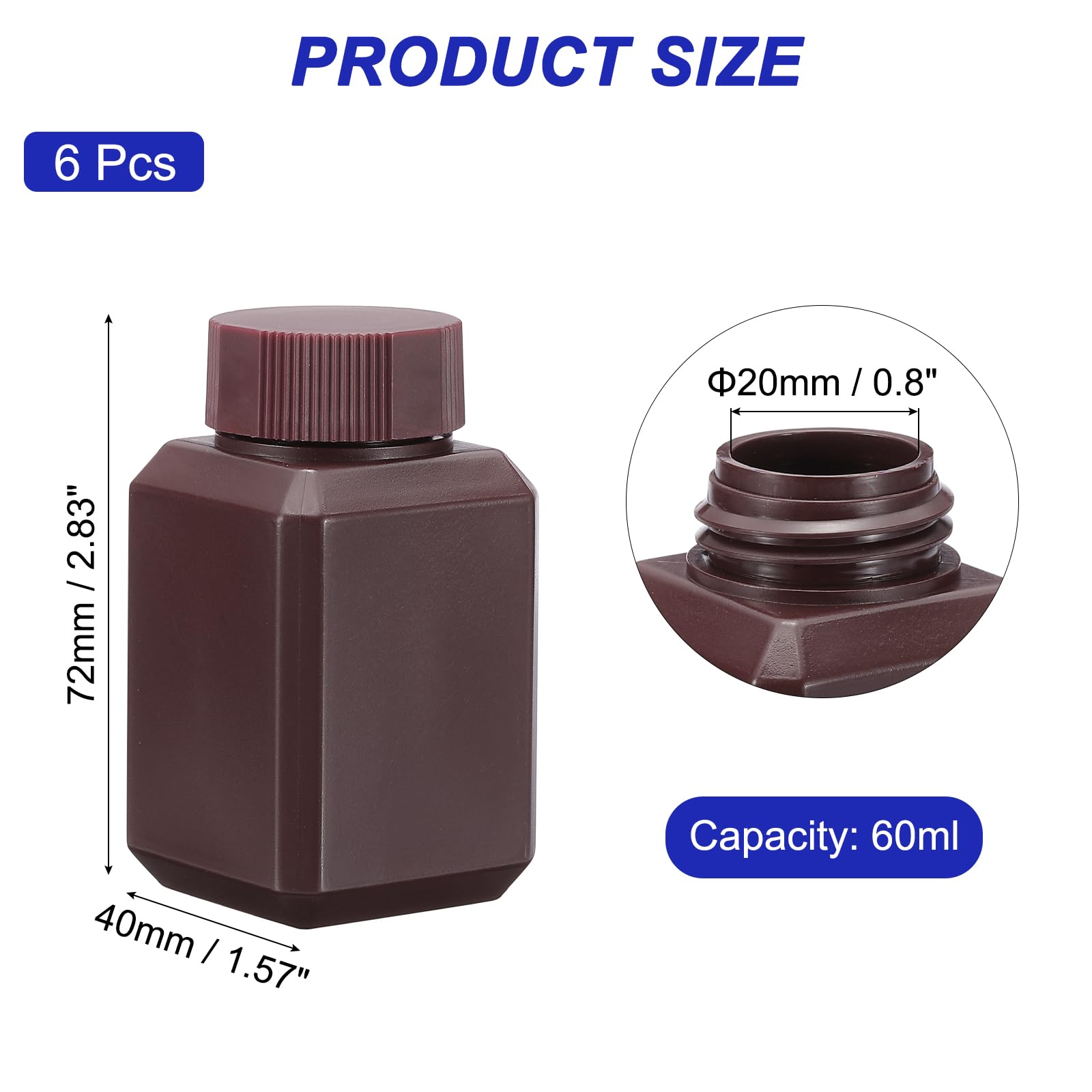 PATIKIL Bottiglie Reagenti 6 Pezzi 60ml HDPE Bocca Stretta Contenitori Quadrati Per Campioni Con Tappo Ad Anello Interno Per Laboratorio Acqua Reagenti Liquidi Conservazione Campioni.