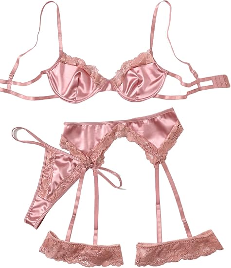 SOLY HUX Womens Sexy Lingeries Exotic Garter Belt Set Floral Lace Bra and Panty 4 Pieces