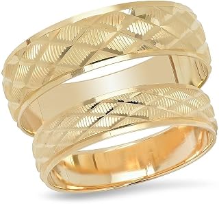 His and Hers Rings 14K Solid Yellow Gold Diamond Shape Design Bride and Groom Matching Wedding Band or Anniversary Set