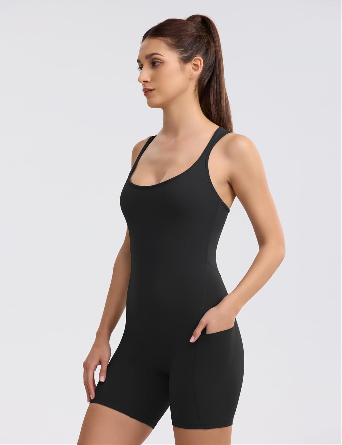 ENERBLOOM Women's Workout Jumpsuits Yoga Romper with Pockets Padded | 4-way stretch breathable anti-pilling fabric with removable padded bra with pockets; ideal for yoga, gym, daily workouts.