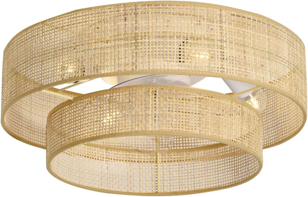 20" Boho Bamboo Small Caged Wicker Rattan DC Low Profile Flush Mount Ceiling Fans with Lights and Remote Control,Enclosed Bladeless Fandalier for Bedroom Kitchen