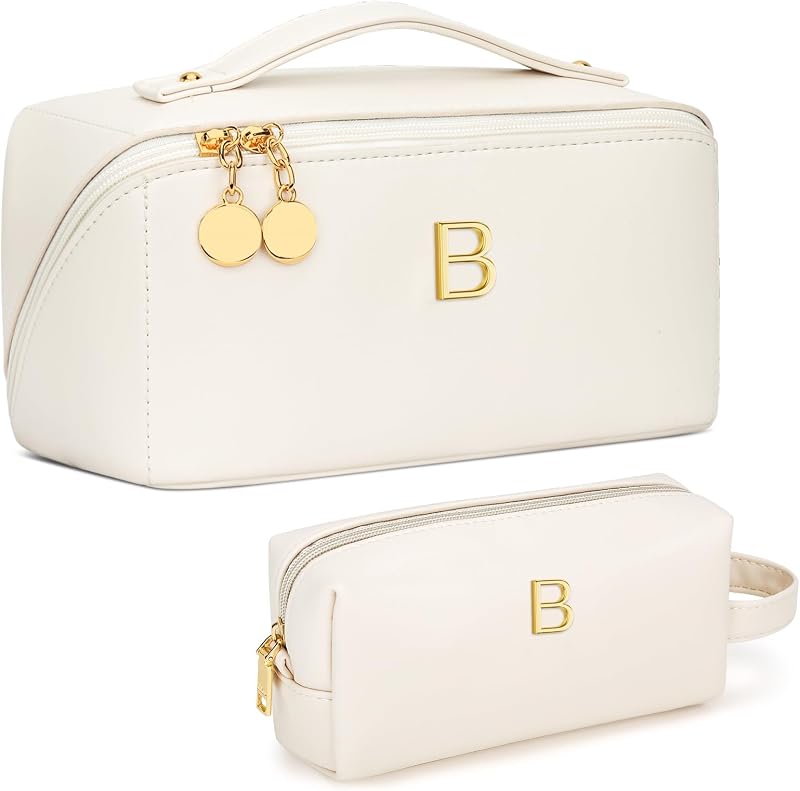 Necessaire de maquiagem KKXIU com inicial, bege, Pacote com 1