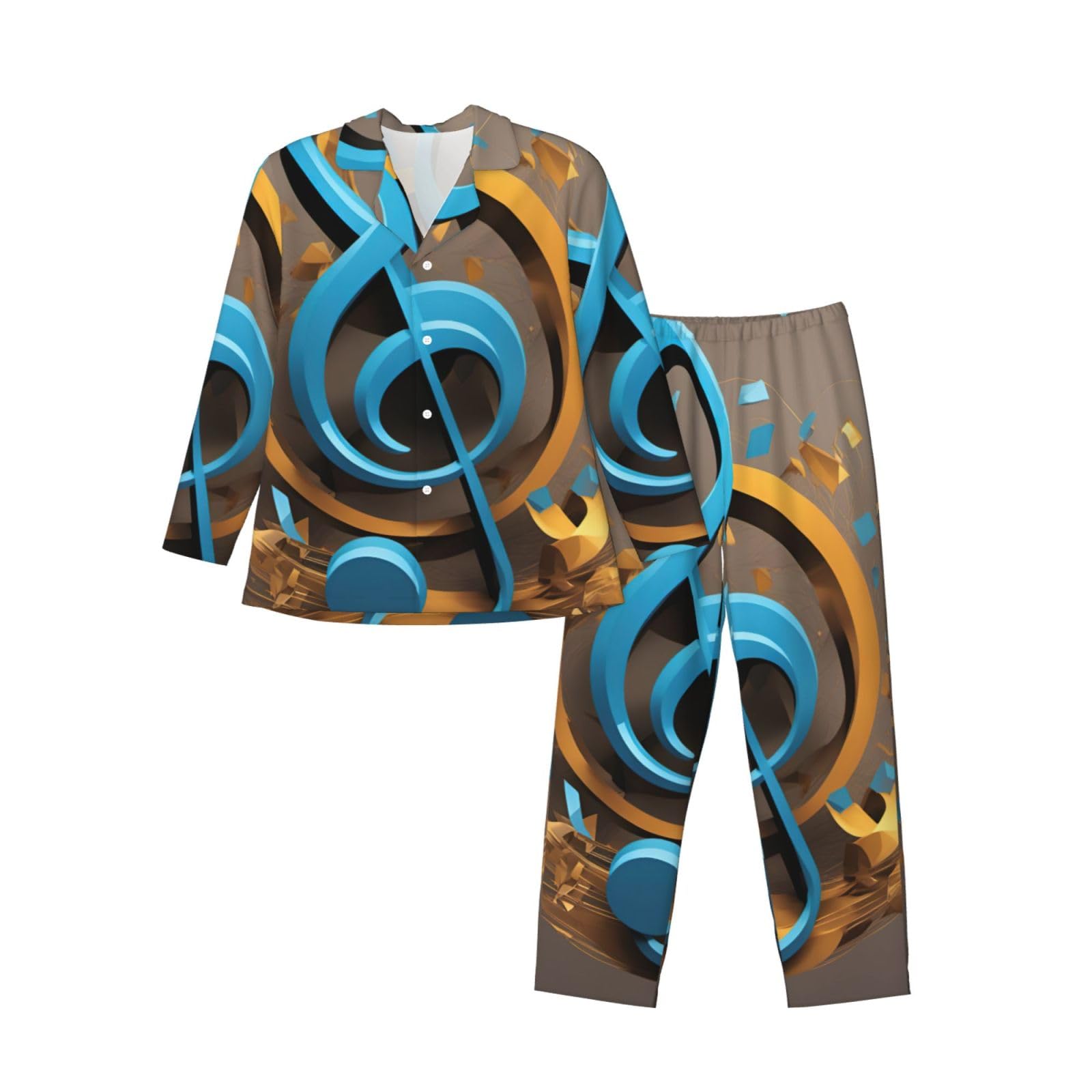 Music Note Print męska piżama z długim rękawem zestaw bielizna nocna dwuczęściowy zestaw wypoczynkowy oddychająca bielizna nocna