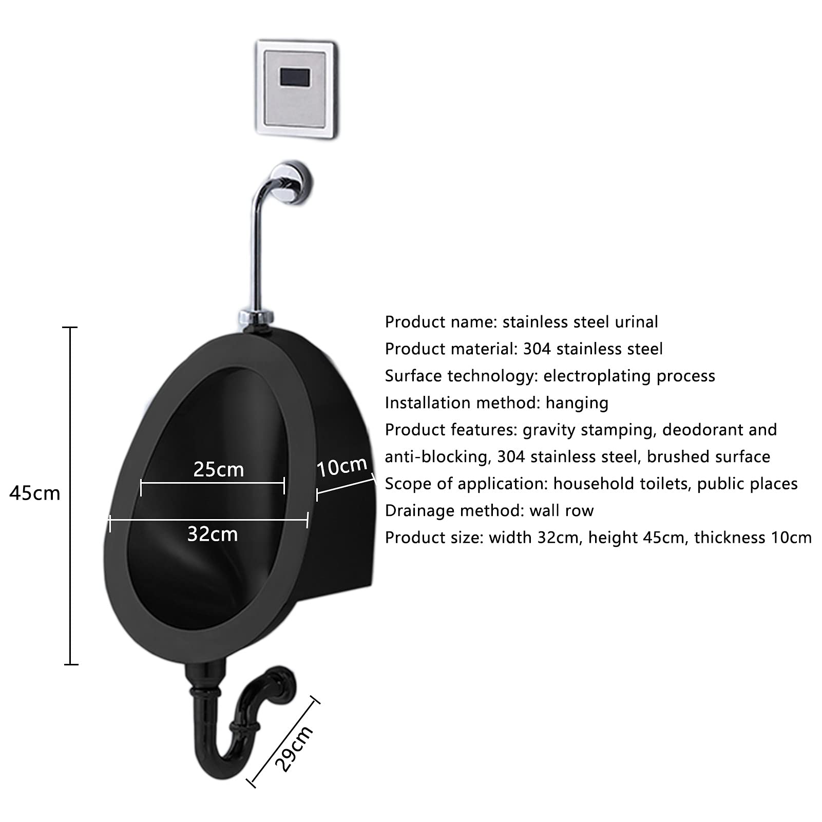 DFEDHF Men's Urinal Trough Commercial Washout Urinal, Intelligent Touchless Stainless Steel Urinal Black, Bathroom Wall Mounted Urinal Toilet Accessory for Home