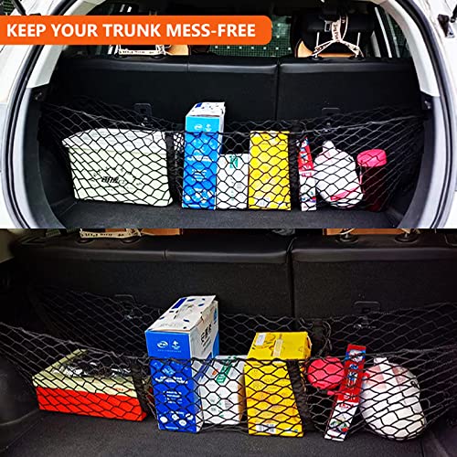 3 Pocket Stretchable Cargo Net Trunk Bed Organizer, Mesh Storage Net With 12 Metal Hooks And Mounting Screws, Heavy Duty Cargo Net For Pickup Truck Bed Toyota Car Boats Rv, 43.3X11.8 Inches #TOP5