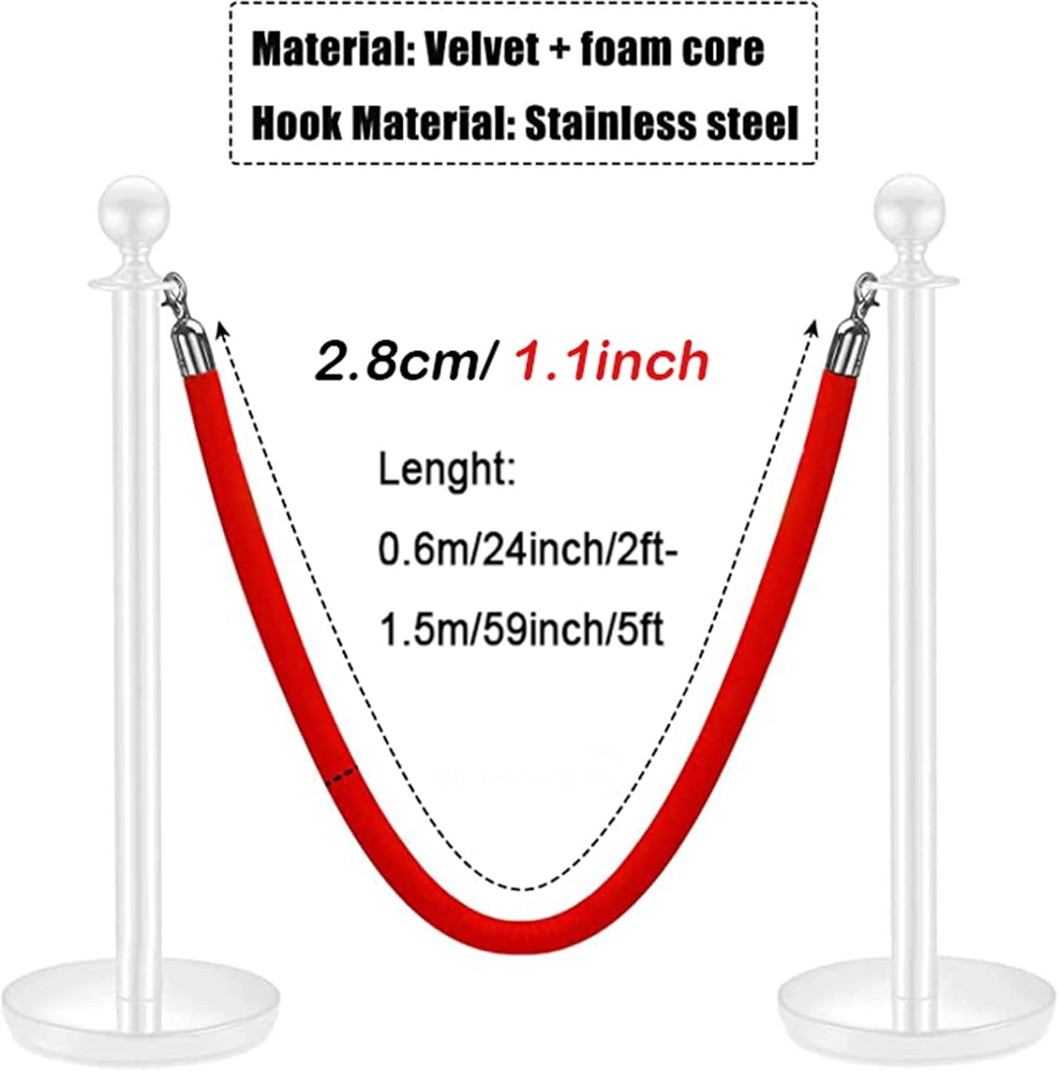 Red Velvet Stanchion Rope with Gold Clasps, 4/5Ft Queue Barrier Rope for Crowd Control, Elegant Velvet Ropes for Grand Openings, Event & Party Queue Management