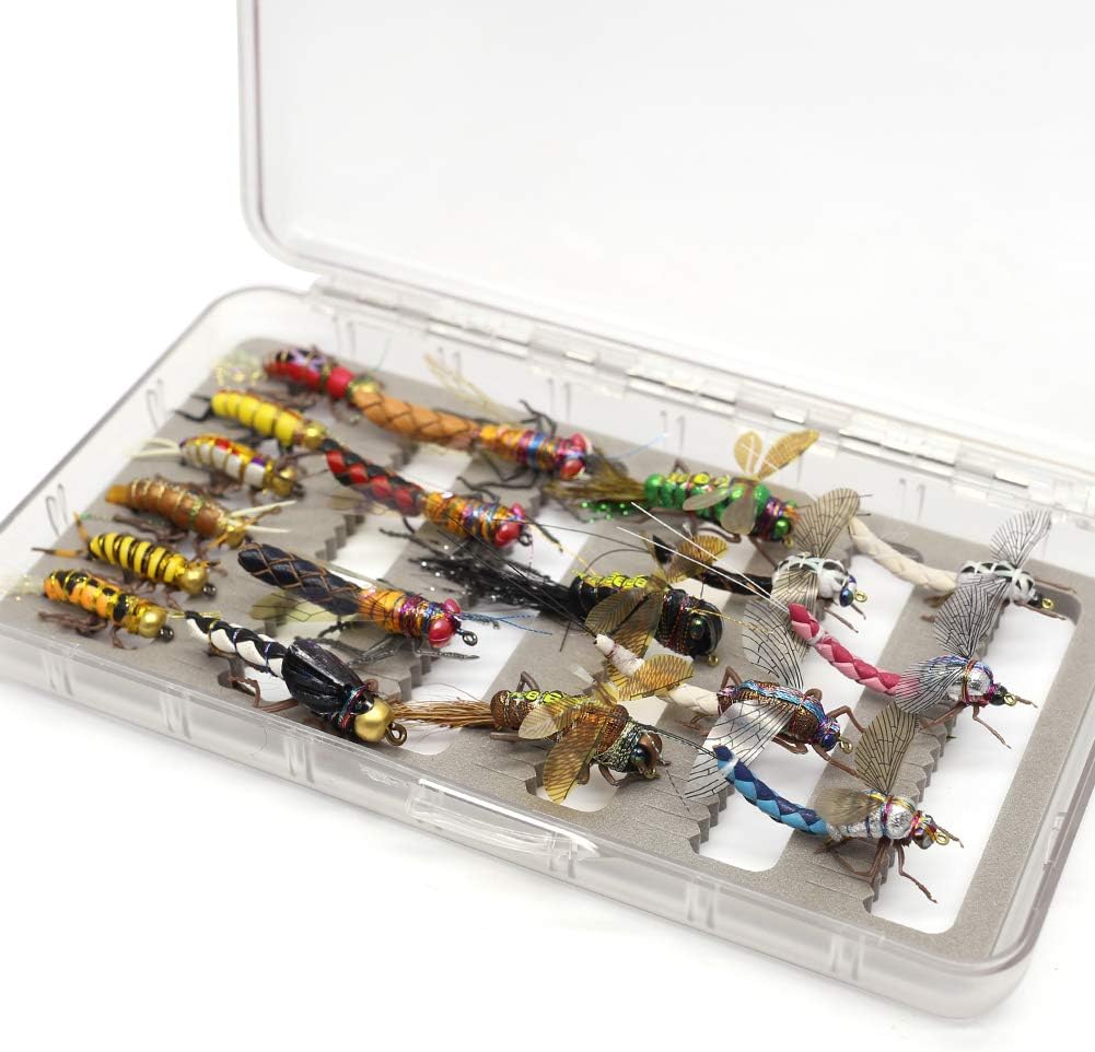 YZD Trout Fly Fishing Flies Collection Dry Wet Nymph Fly Assortment with Fly Box Flyfishing Flys Lures 12/16/18/22/36 Kits
