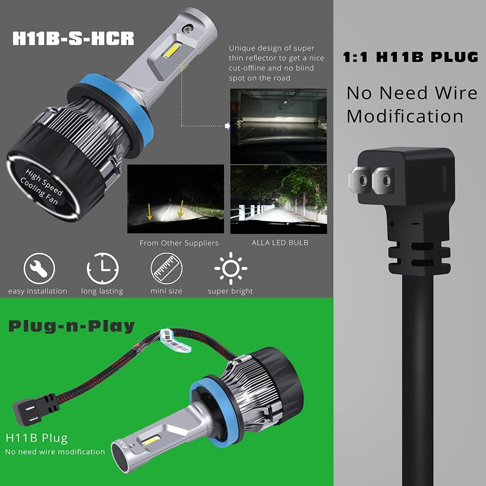 Suреr Brаndѕ ALLA Lighting S-HCR H11B LED Bulbs High, Low Beam Conversion Kits, 6000K Xenon White 10000Lms Extreme Super Bright All-in-One Plug-n-Play