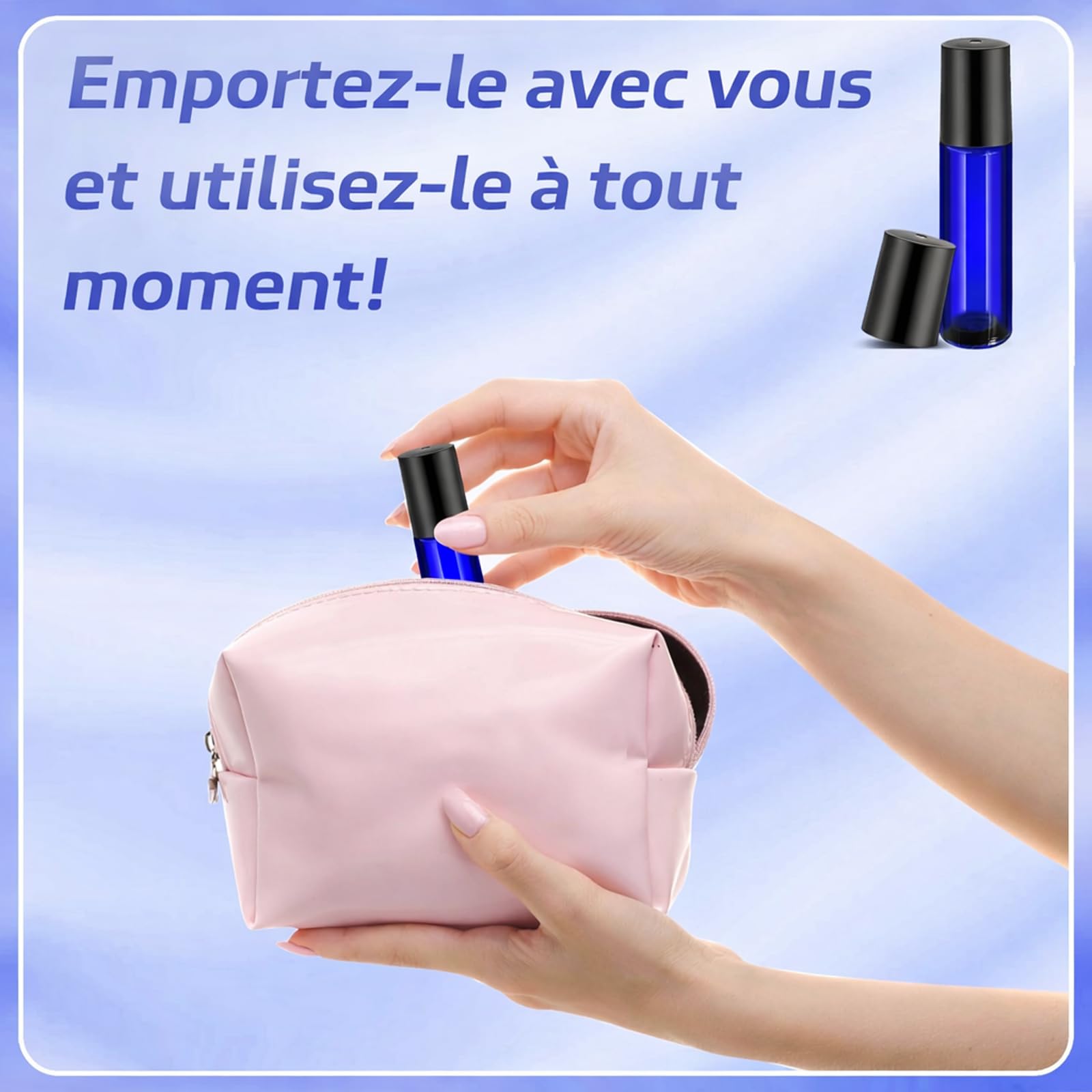 Lot de 50 Flacon Roll On Vide 10ml pour Huiles Essentielles – Flacons en Verre Roller avec Bille en Acier Inoxydable, Rechargeables et Vides pour Parfums, Aromathérapie, Massage, Voyage (Bleu)