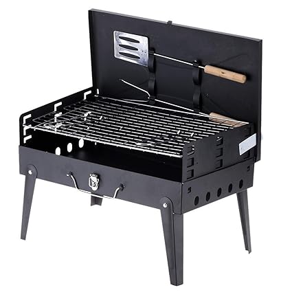 HAINE Fold-able and Portable Medium Size Charcoal Barbecue Grill with 2 Skewers, for Farms Houses, Gardens and House Parties