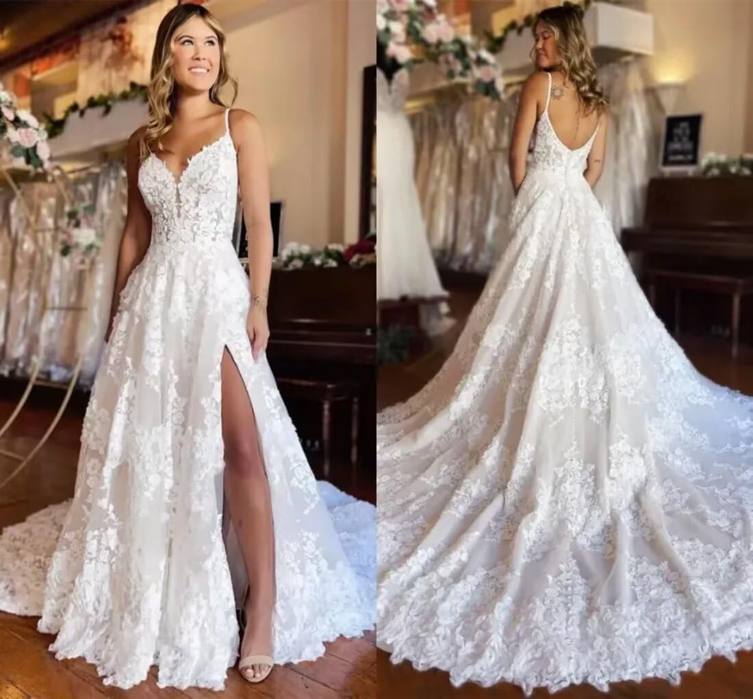 A-Line Wedding Dresses for Women Bride Long Spaghetti Strap Split Silk Lace Bridal Ball Gowns with Train
