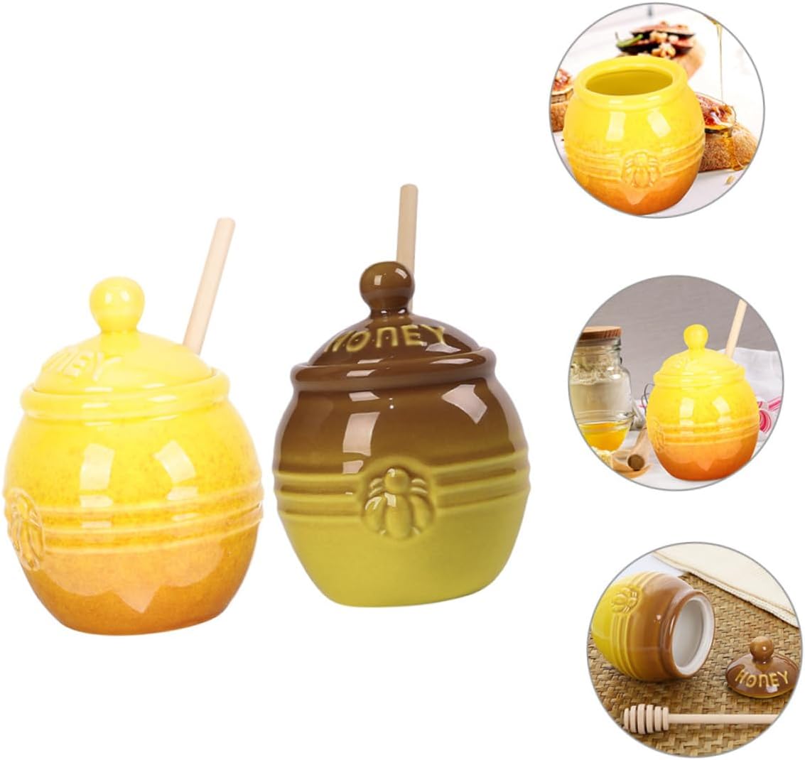 2Set Ceramic Honey Jar with Lid and Stirring Rod Adorable Honey Pot for Storage Compact Design for Kitchen Decor and Fresh Honey Preservation
