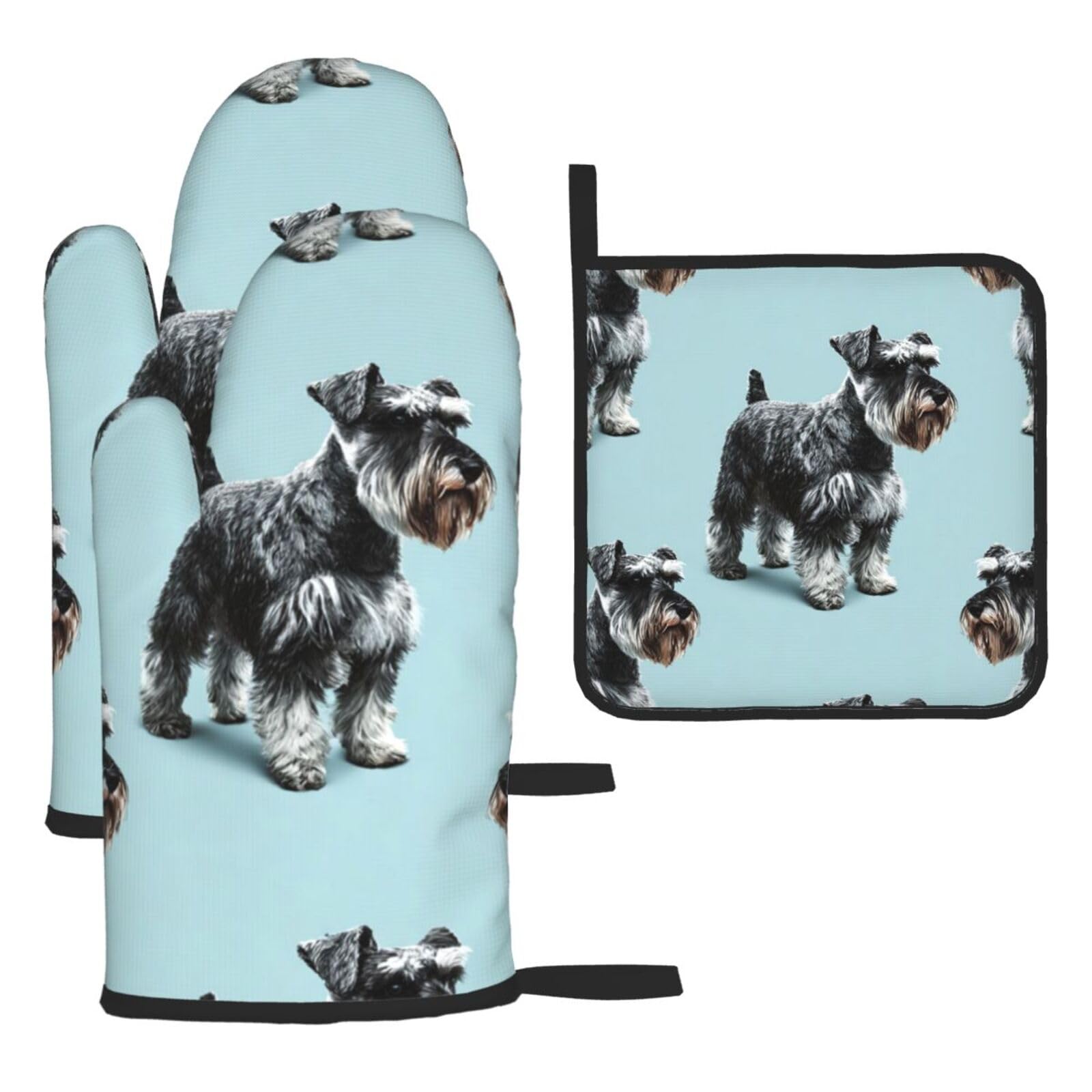 Oven Mitts and Pot Holders Sets of 3 Miniature Schnauzer Oven Mitts 3 Pcs Heat Resistant Non Slip Ovens Gloves Hot Pads Kitchen Gloves Potholders for Baking Cooking BBQ Grilling
