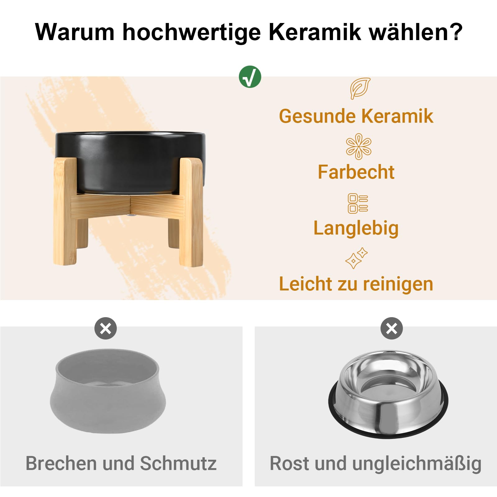 SPUNKYJUNKY Hundenapf Keramik Erhöhter Futternapf Set mit Bambus Ständer für Katzen und Hunde (1800ml, Schwarz)