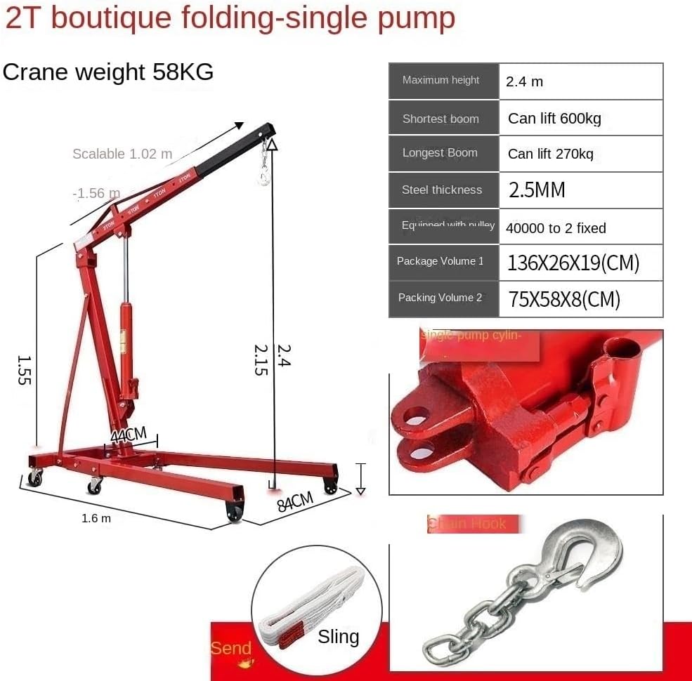 Foldable Hydraulic Crane, Car Engine Hoist, Engine Lifting, 2T/3T Capacity, 2/3 Ton Mobile Jack Tool DOLUNTO (Color : 2T boutique folding 58KG)