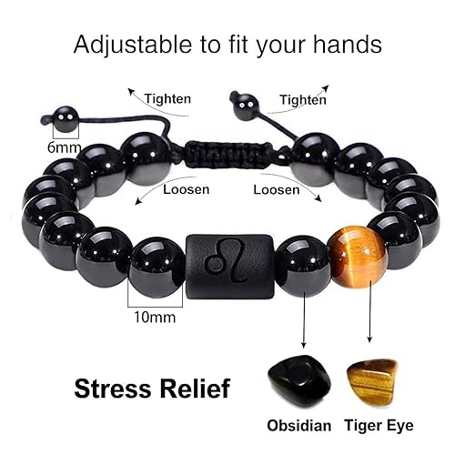 Miniatura 3 de Zodiac Bracelet for Men Women 10mm Natural Black Onyx Stone Star Sign Constellation Horoscope Bracelet Gifts Leo
