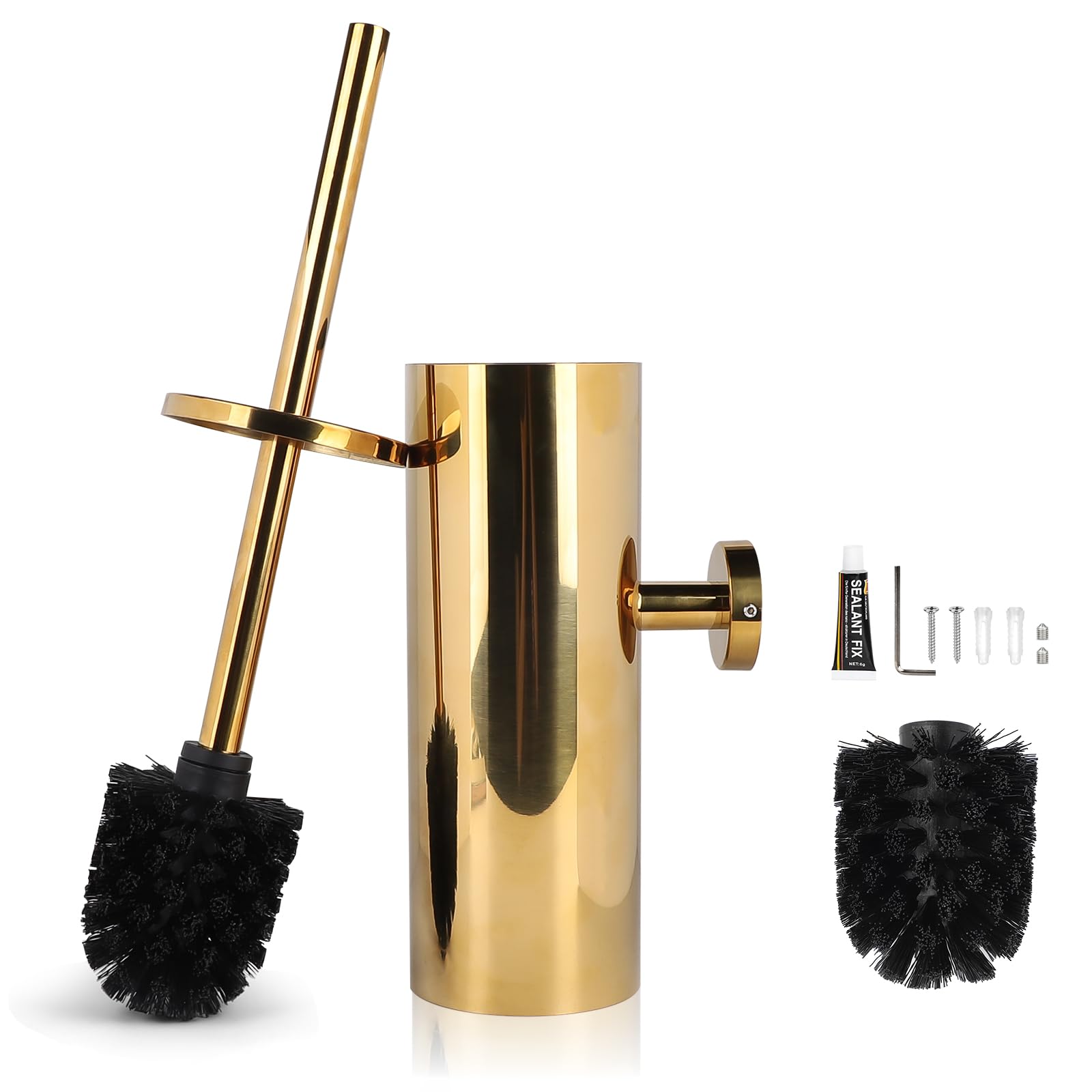 EXLECO Brosse Toilettes WC Mural Gold, Suspendu Balai INOX, Toilette WC avec 1 Têtes de Brosses, Balayette WC Kit et Supports sans Perçage, Porte Brosse WC, Nettoyage Salle de Bain Accessoire