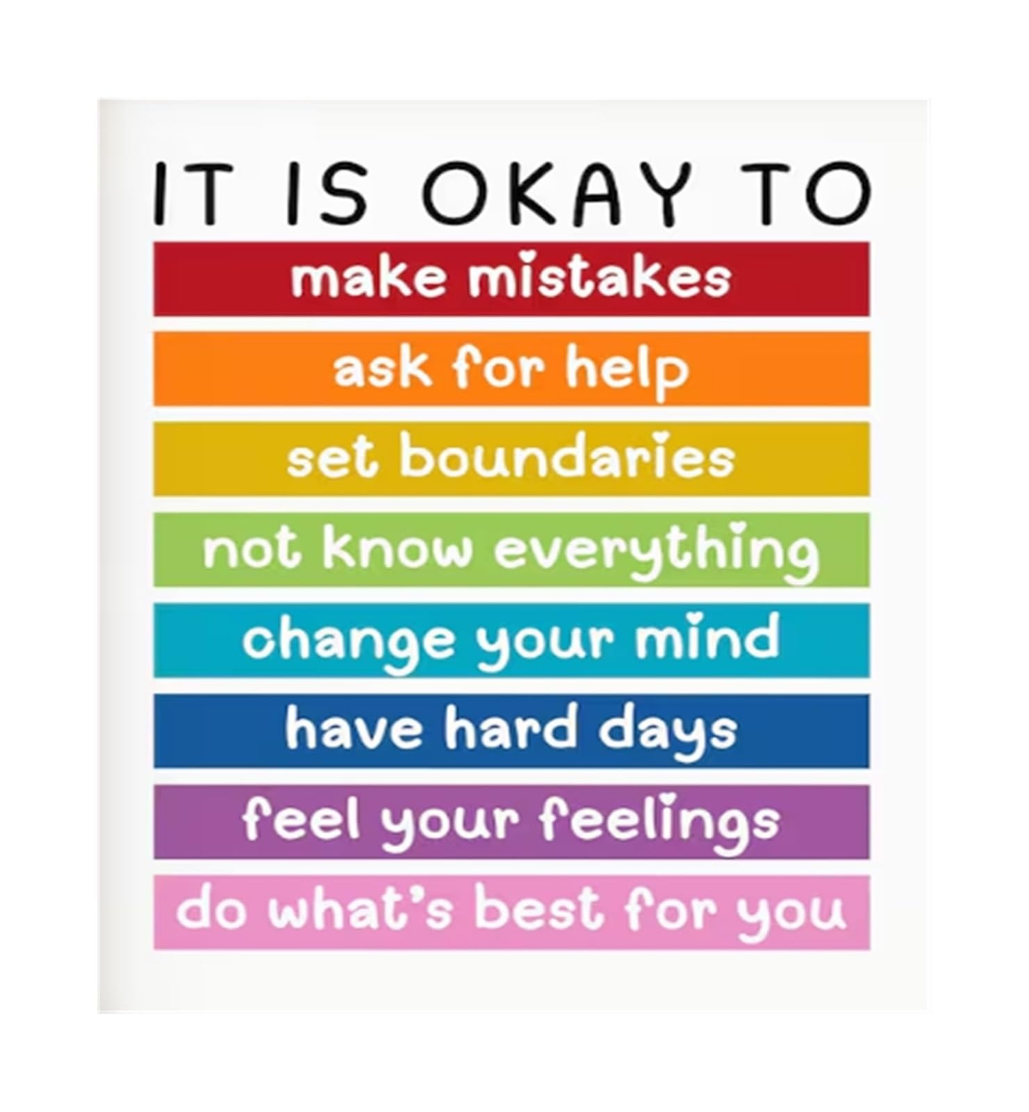 MQXFCZUX Be Yourself Motivational Poster Its Okay to Make Mistakes Rainbow Classroom Decor Educational Wall-Art for SEL School Office Decor Unframed,08X12inch(20X30cm)