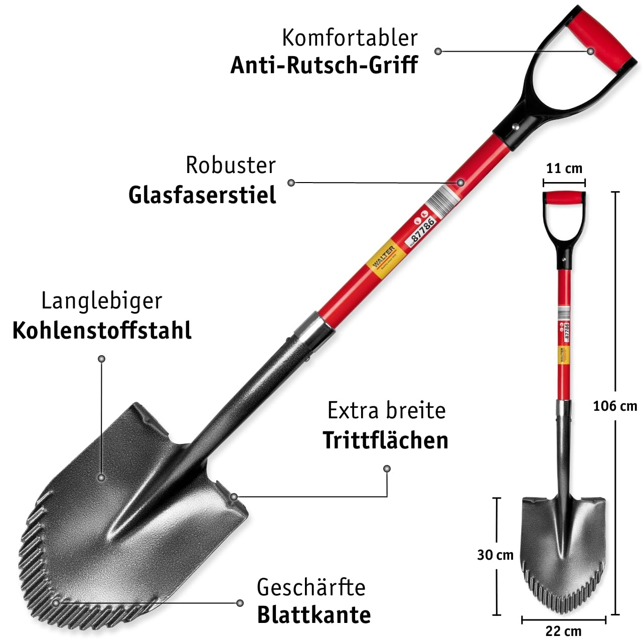 WALTER Spezialspaten-Set 3-TLG. - Kombispaten, Drainagespaten und Wurzelspaten - Robuster Glasfaserstiel, Antirutschgriff, langlebiger Kohlenstoffstahl