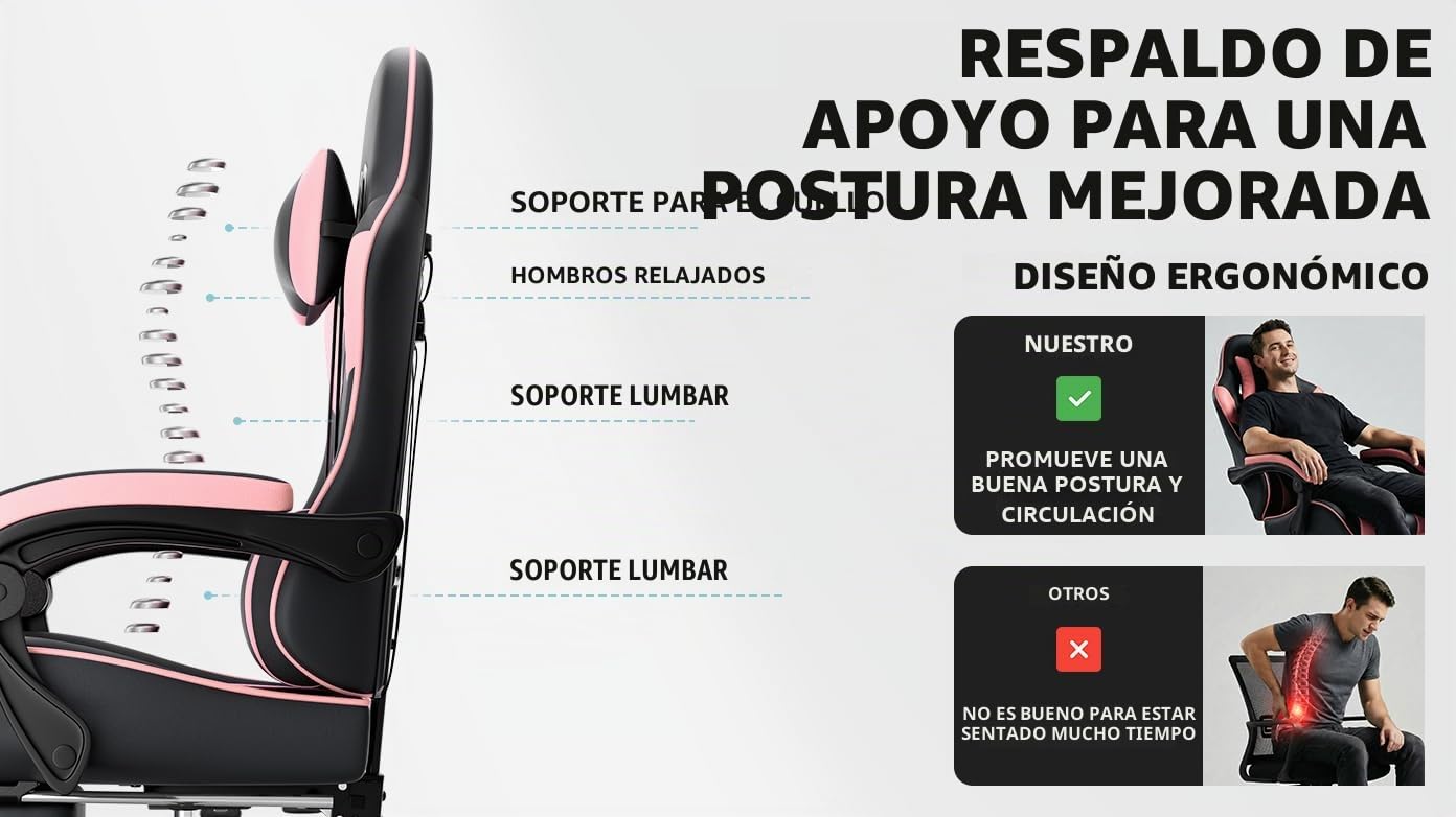 Silla para videojuegos, ergonómica con reposapiés, silla de gaming, reposabrazos ajustables, silla de oficina ergonómica con soporte lumbar, negro/gris (negro-rosa)