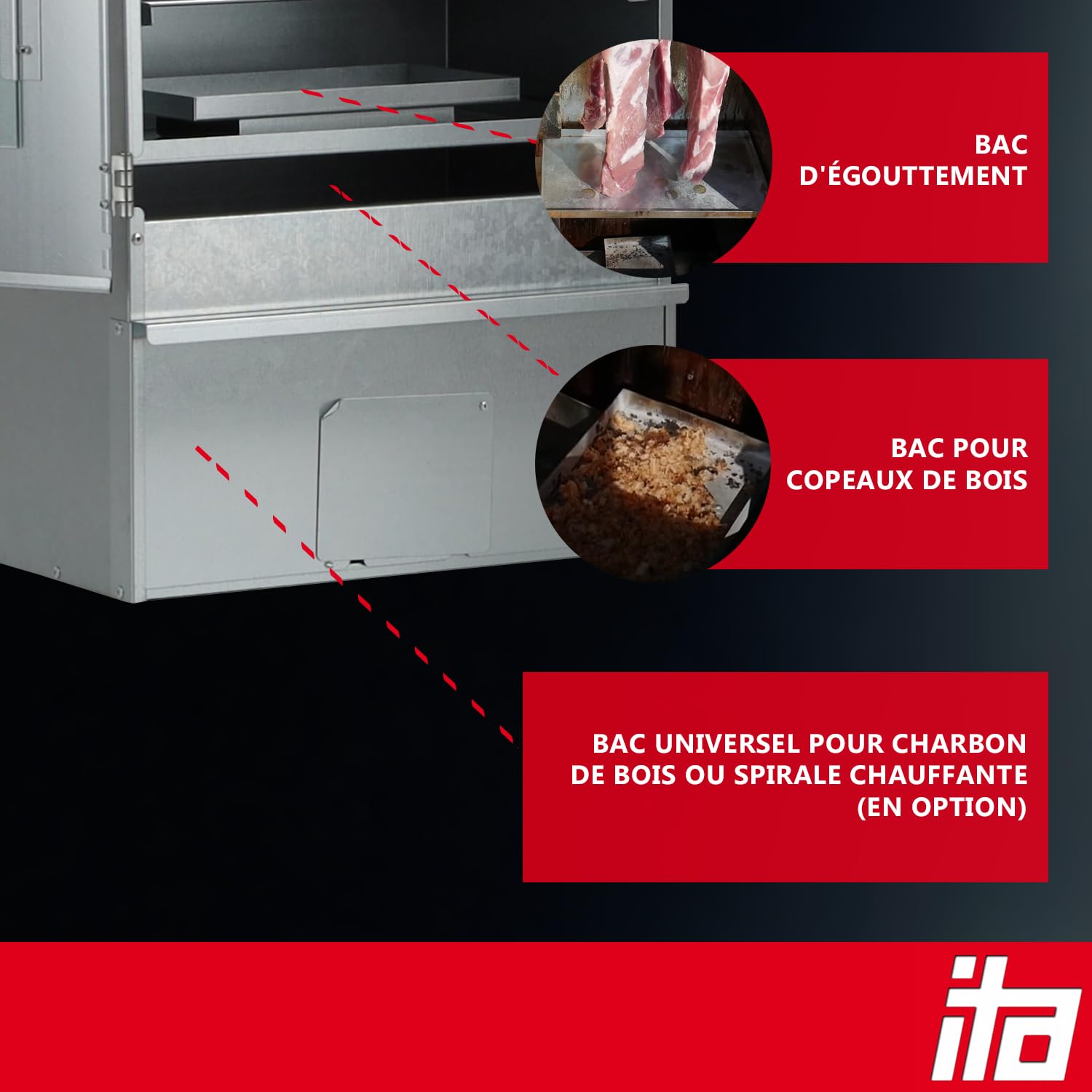 ITA Fumoir 7001 - Smoker Premium - Armoire à fumage avec thermomètre - Acier allié - Qualité UE, Direct fabricant - 81 cm avec 3 niveaux