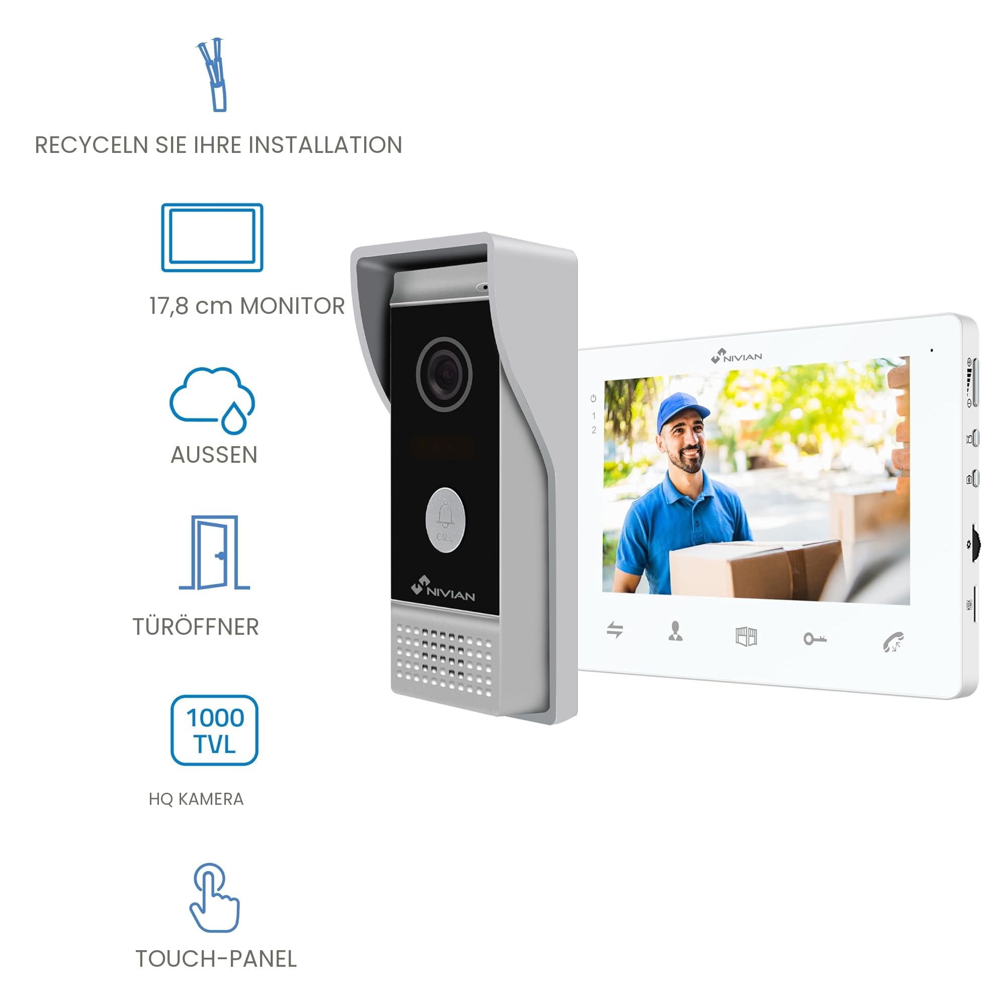 NIVIAN 2-Draht-Video-Türsprechanlage, analog, mit 7-Zoll-Monitor, HQ-Innendisplay mit bidirektionalem Audio, IP65-Außenplatte mit Nachtsicht, elektrischer Türöffner. Smart Security