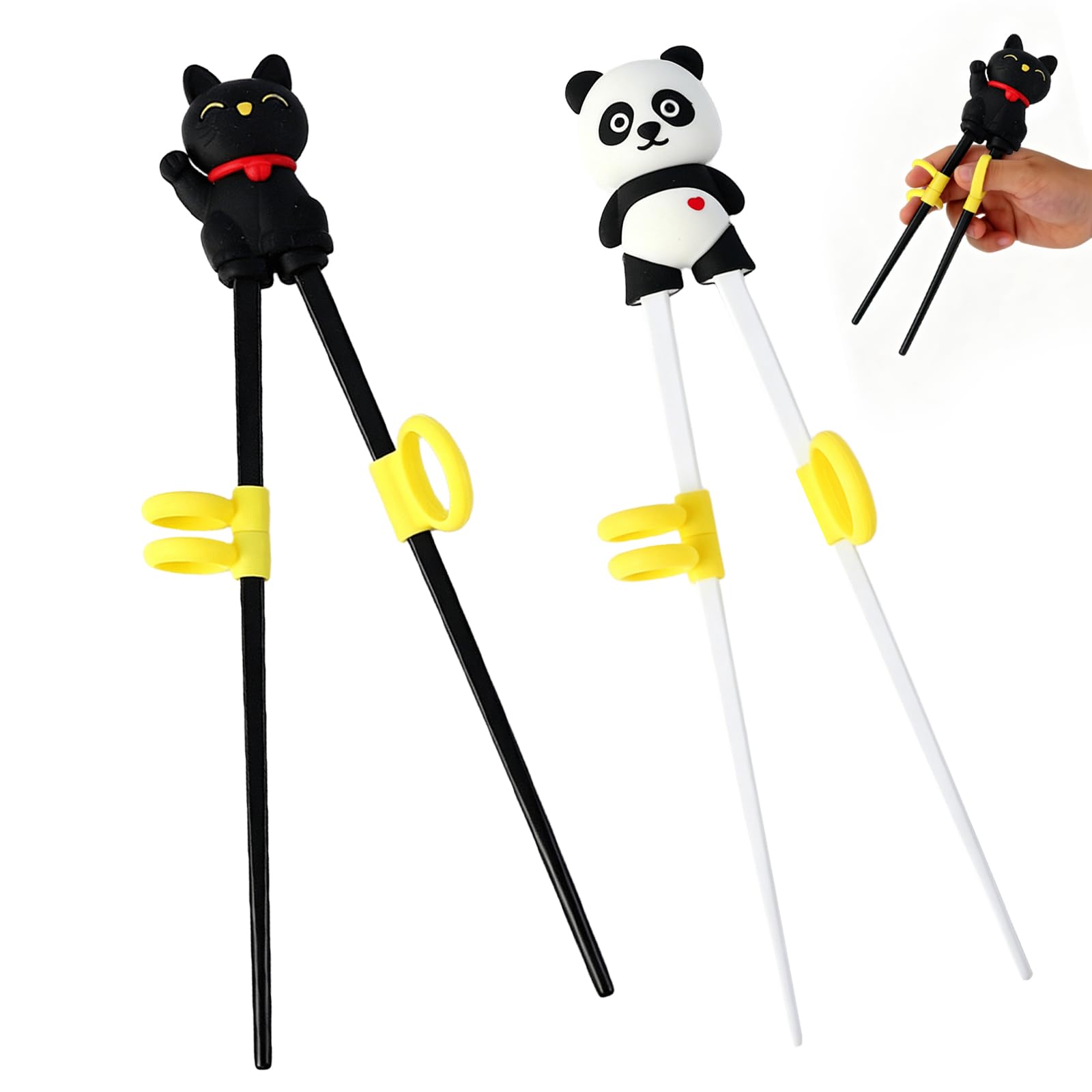 2Pcs Training Chopsticks Set,Panda Lucky Cat Beginner Chopsticks with Ring
