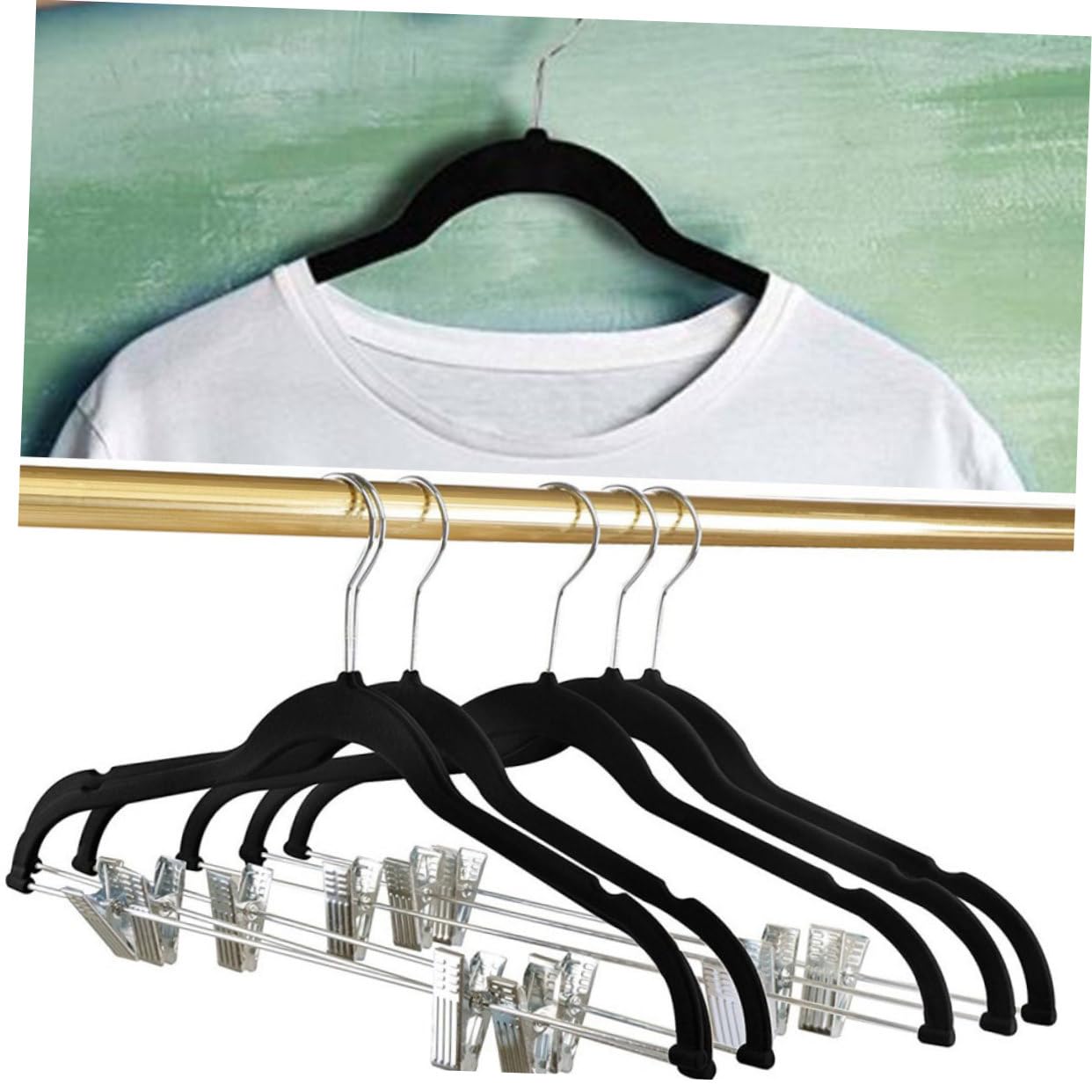 Kleiderbügel mit Clips, 8 Stück, Schwarz, Beflockt, rutschfest