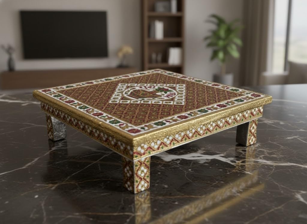 Traditional Indian Bajot Low Table, Handcrafted Wooden, Golden with Geometric Pattern, Medium Size, Decorative Platform for Seating and Dining-image-31