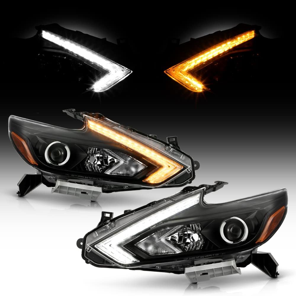 Compatible with Halogen w/o LED DRL Model 2016-2018 Nissan Altima Upgrade Black LED SwitchBack Tube Projector Headlights