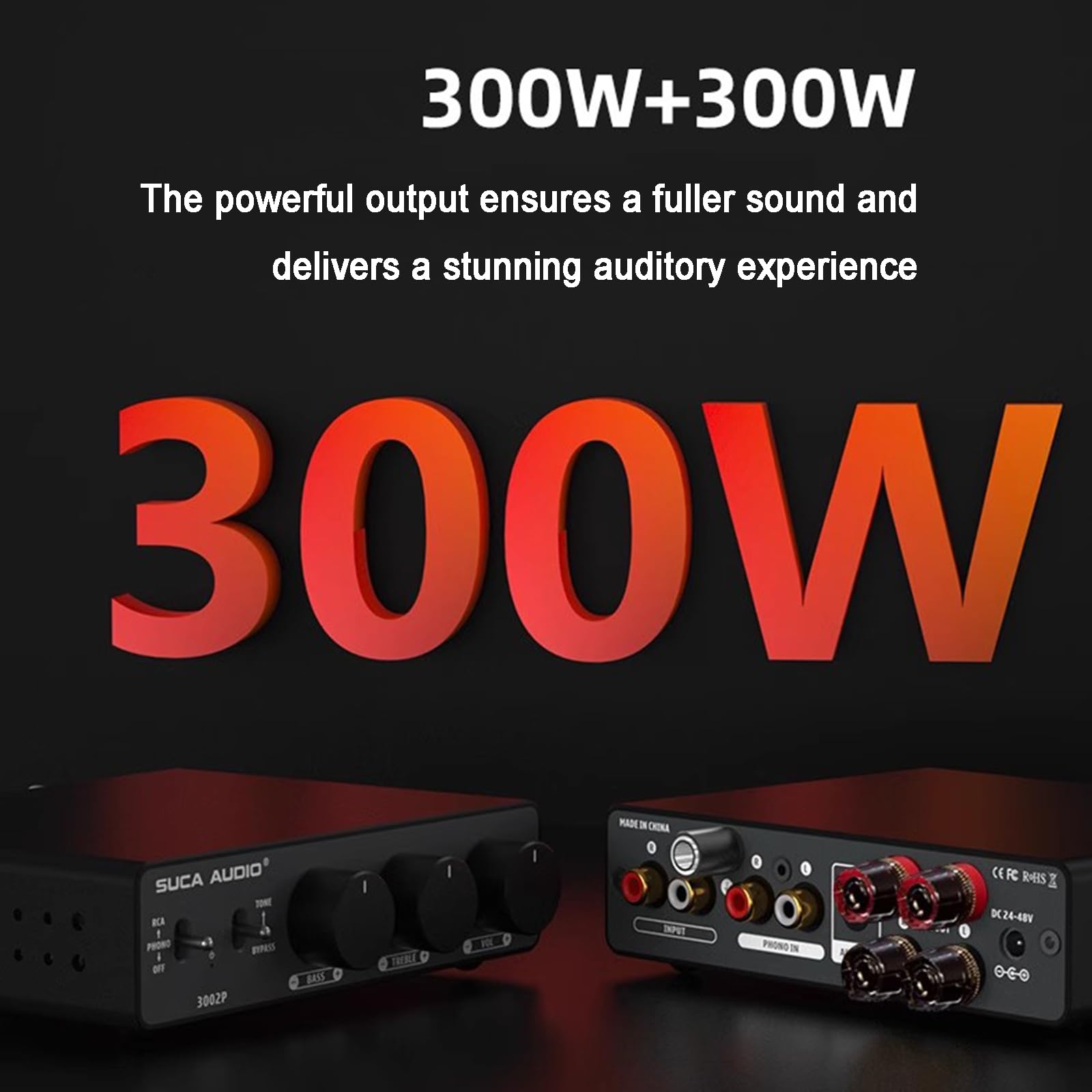 Amplificador De Fono Para Tocadiscos, Miniamplificador De Potencia HiFi De 2 Canales Estéreo Clase D, 300 W X2, Con Entrada RCA/PHONO Y Ajuste De Agudos Y Graves, Para Tocadiscos M/M