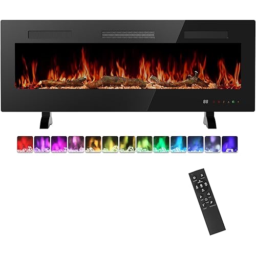 NEWBULIG Electric Fireplace 50 Inch, Recessed Wall Mounted and Free Standing Fireplace Heater with Remote Control, Timer, Adjustable Flame Color, Touch Screen Energy Saving, 750/1500W, Black