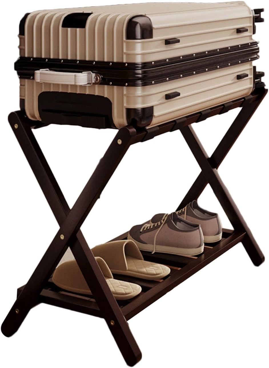 Double-layer Luggage Rack, Folding Luggage Holder, Space-saving, Suitable for Guest Rooms and Bedrooms(Wood color)