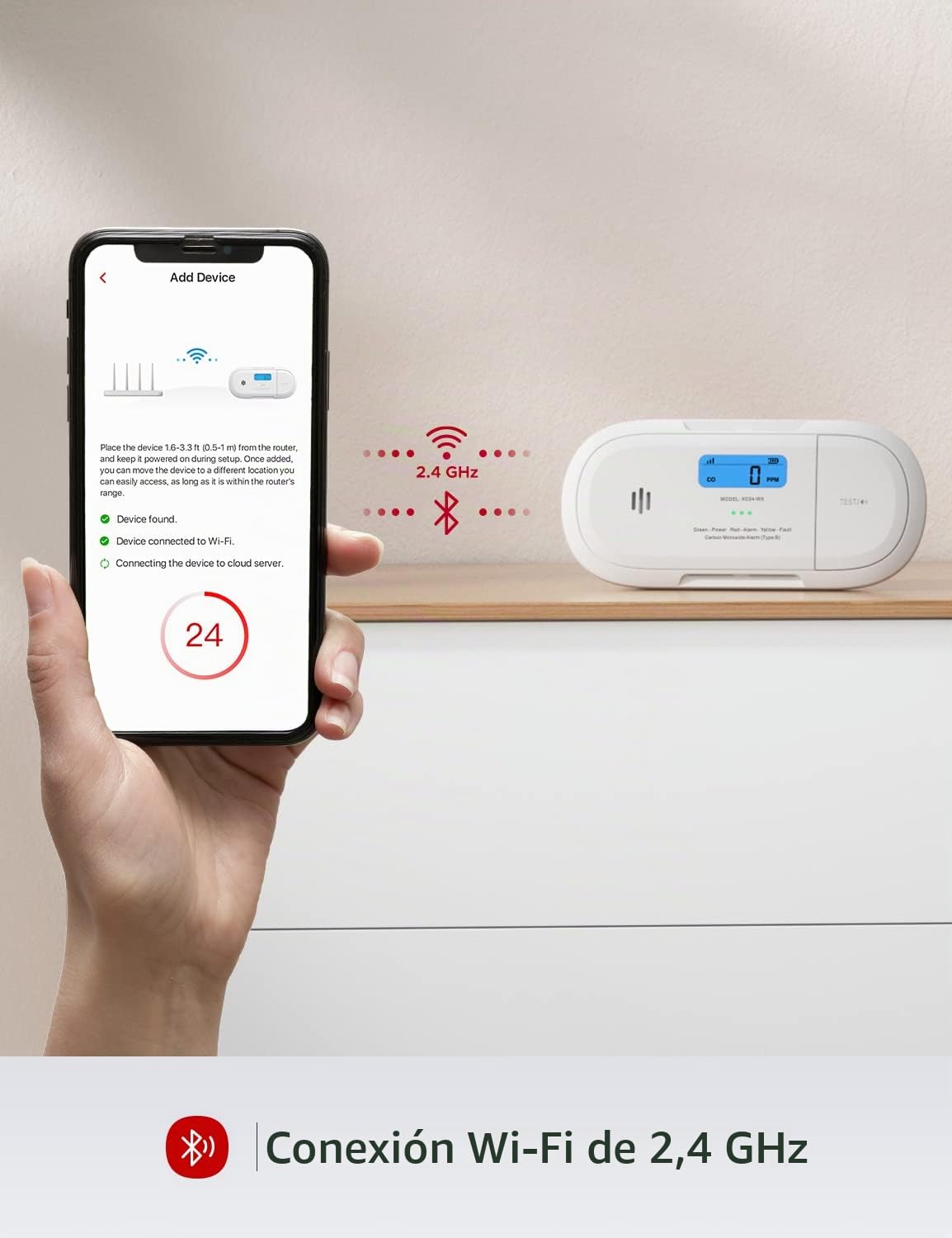 X-Sense Detector de Monóxido de Carbono Inteligente WiFi, Notificaciones Móviles en Tiempo Real con la Aplicación X-Sense Home Security, Batería Reemplazable, Dise?o sin Soportes, XC04-WX