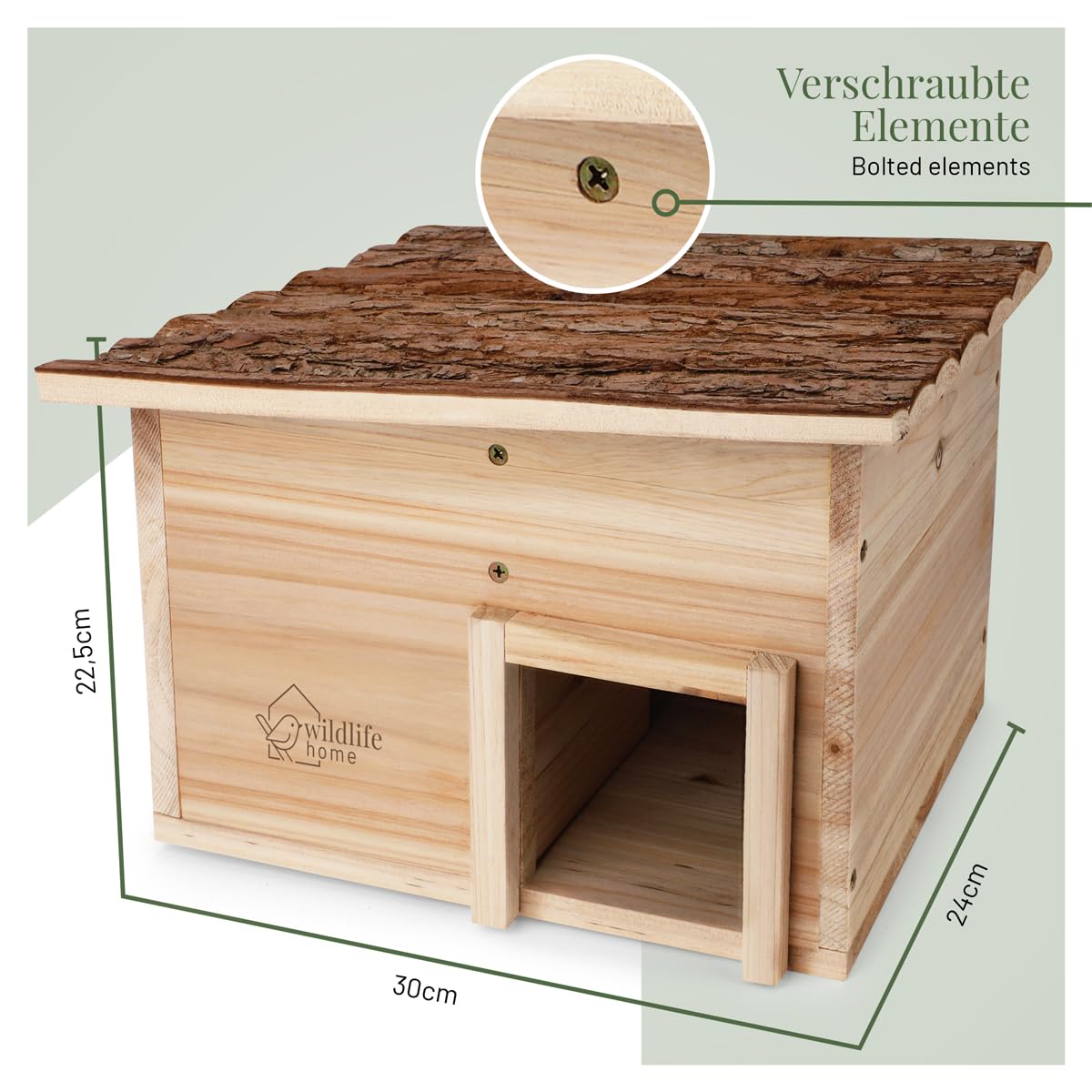 wildlife home Casa de erizos resistente al invierno de madera con suelo y techo de corteza resistente a la intemperie | Casa de alimentación para erizos | A prueba de gatos | Refugio de invierno para