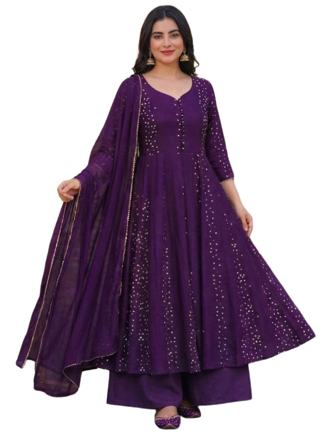 anni designer Viscose Blend Printed Anarkali Kurta with Palazzo and Dupatta for Women | Viscose Blend Begani | 3/4 Sleeve | Pan Neck | Ethnic Wear Casual Wear-picture-29