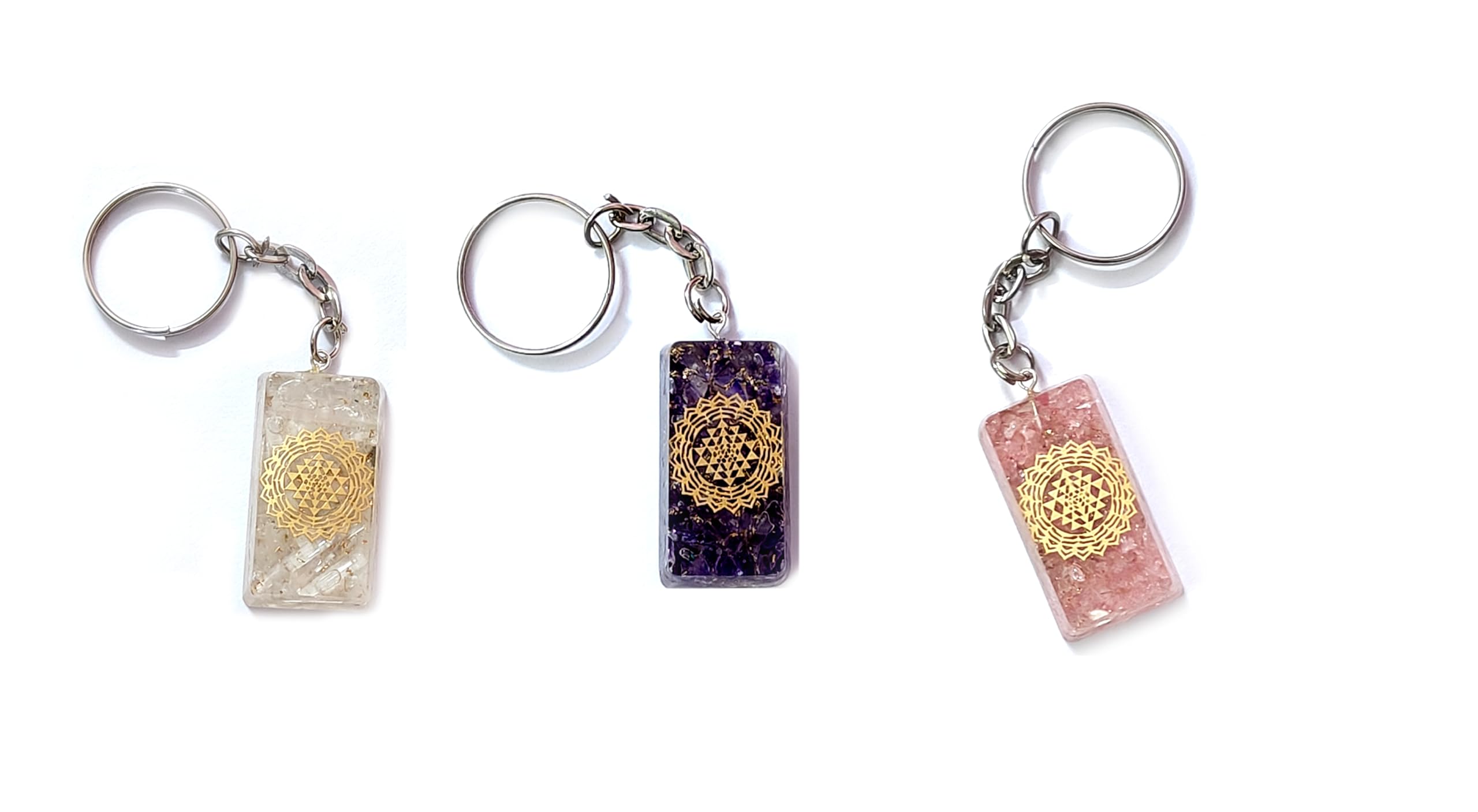Set Of 3 Shri yantra Laxmi Yantra Clear Quartz Rose Quartz AmethystCrystal Chips Inside Orgone key Chain key Ring-image-9