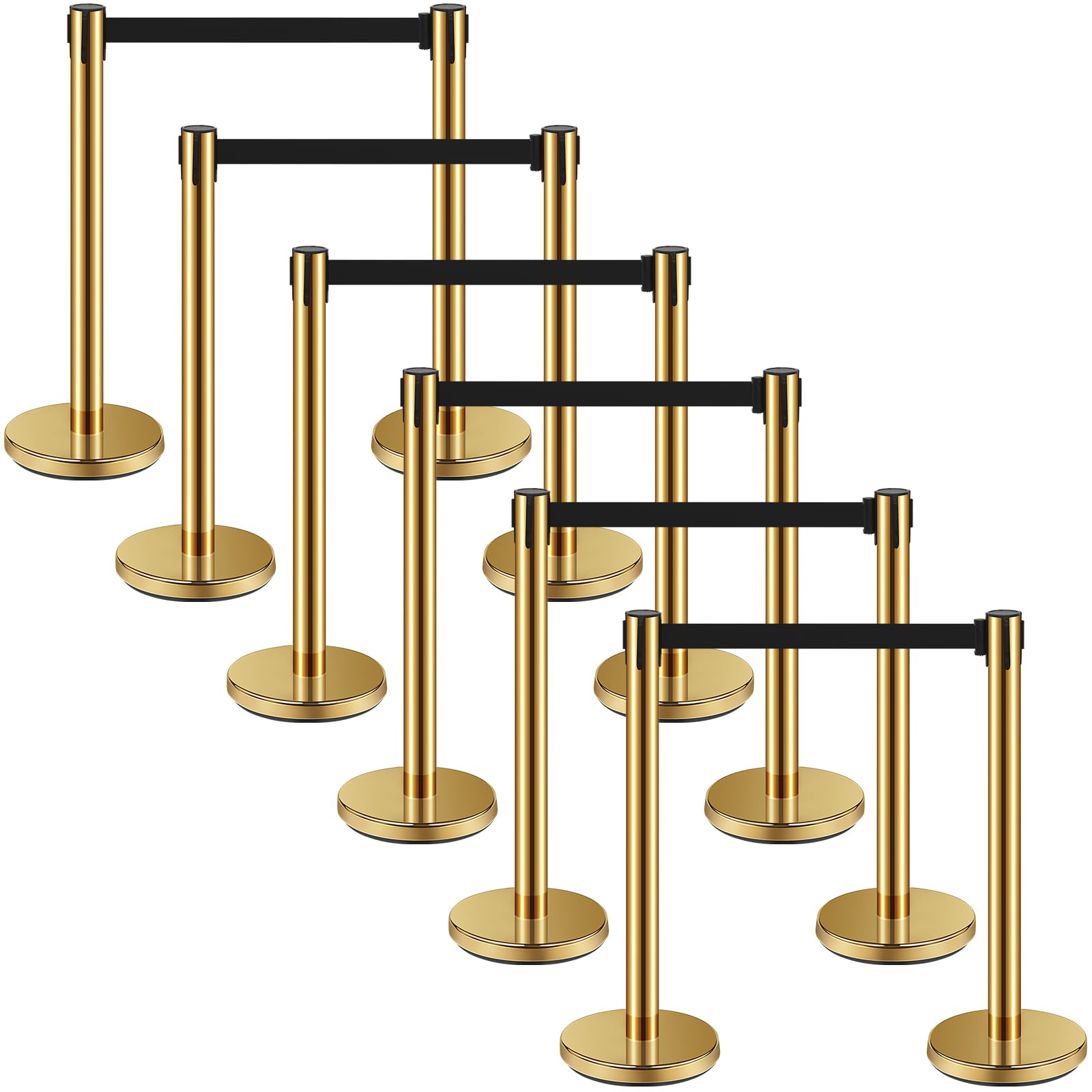 Ferraycle 12 Set Gold Stainless Steel Stanchions with Retractable Belts Crowd Control Ropes and Poles Crowd Control Barriers Line Dividers for Crowd Queue Safety Stanchion Post with Black 6.6 Ft Belt
