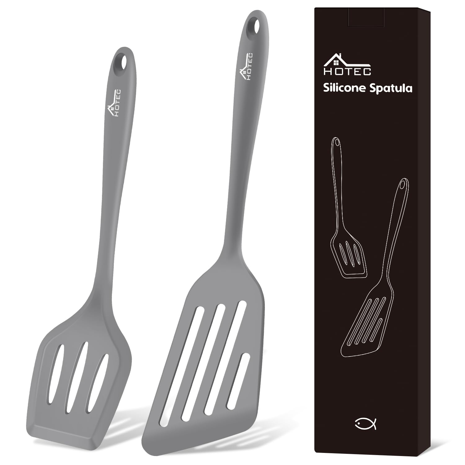 Hotec Pfannenwender-Set, Hitzebeständiger Silikon Geschlitzt Pfannenwender Spatel BPA Frei, Spülmaschinengeeignet Küchenhelfer Kochgeschirr Turner Antihaft Spachtel zum Kochen, 2 Stück,Grau