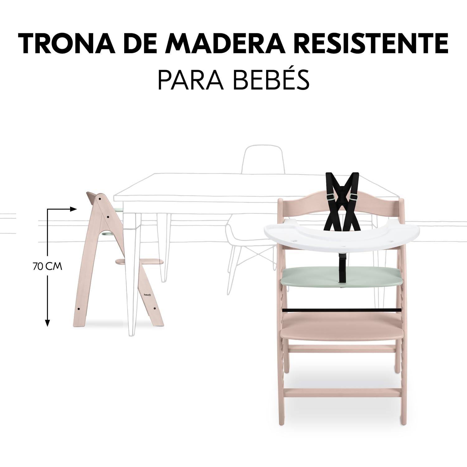 hauck Arketa N Play Trona de Bebé de Madera FSC®, Whitewashed Mint | Altura Ajustable 13 Posiciones, Incluye Bandeja Play Tray, Cinturón y Barra Delantera, Desde 6 Meses hasta 130 kg