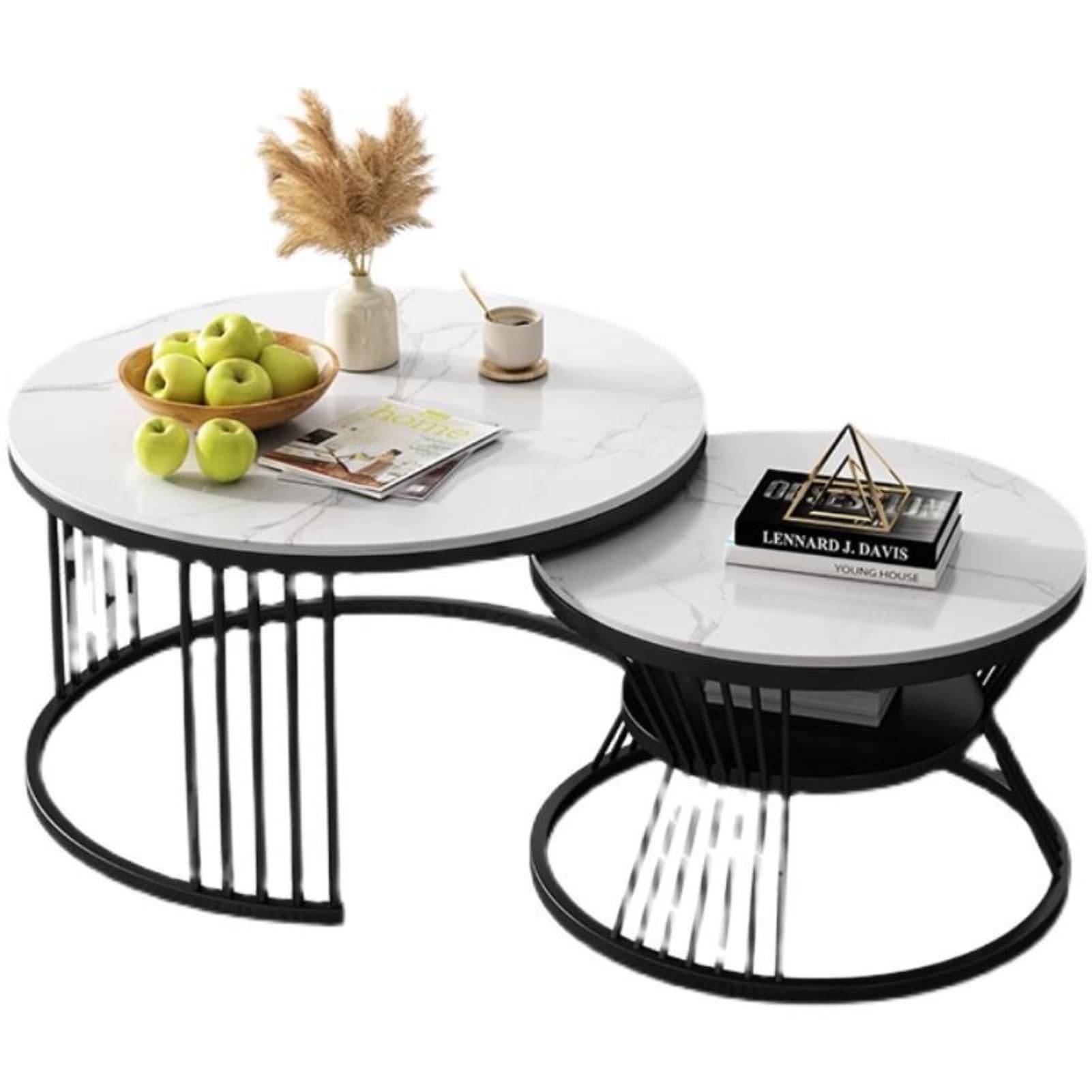GERAZAHO Modern Round Marble Coffee Table Set, 2-Piece (80cm+60cm) Nesting Tables with Metal Frame, Living Room Sofa Accent Table, Elegant Minimalist Side Tables Black