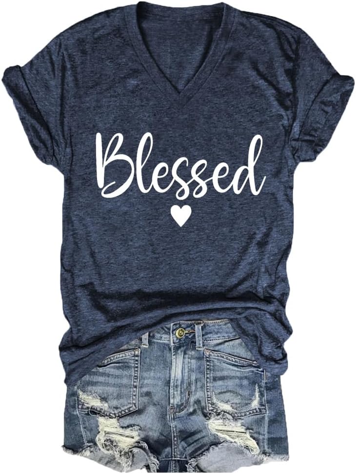 Blessed Shirts Women Cute Heart Graphic Tee V-Neck Short Sleeve Thankful T Shirt Casual Christian Religious Faith Top