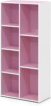 Furinno LUDER Book Shelf, 7-Cube Bookshelf, Bookcase, 9.4 x 19.5 x 41.7, for Living Room, Bedroom, Home Office, White/Pink