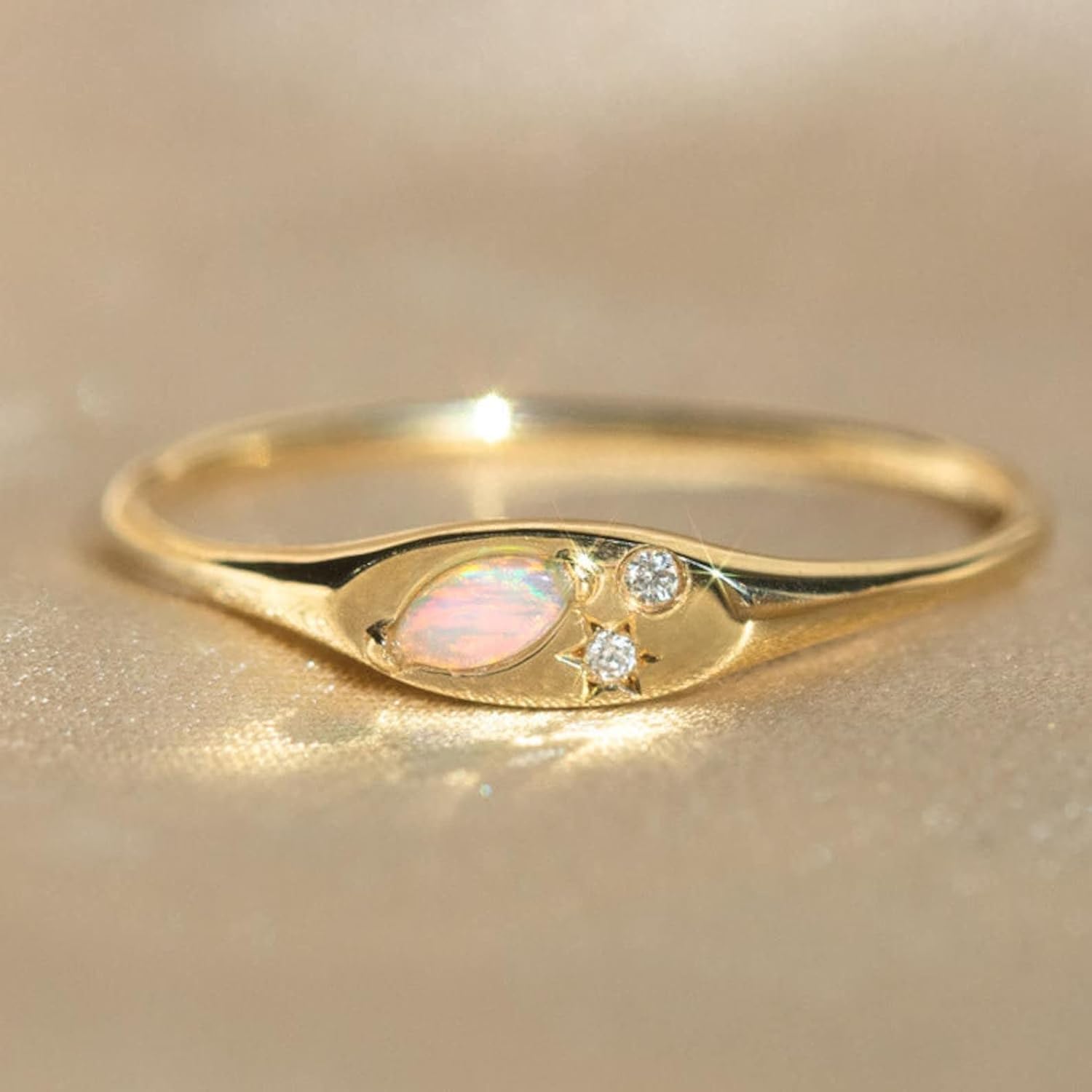 "Natural White Fire Opal & Diamond Wedding Band, Solid Gold Marquise Stackable Anniversary Ring for Women, Matching Bridal Jewelry Set Gift for Wife