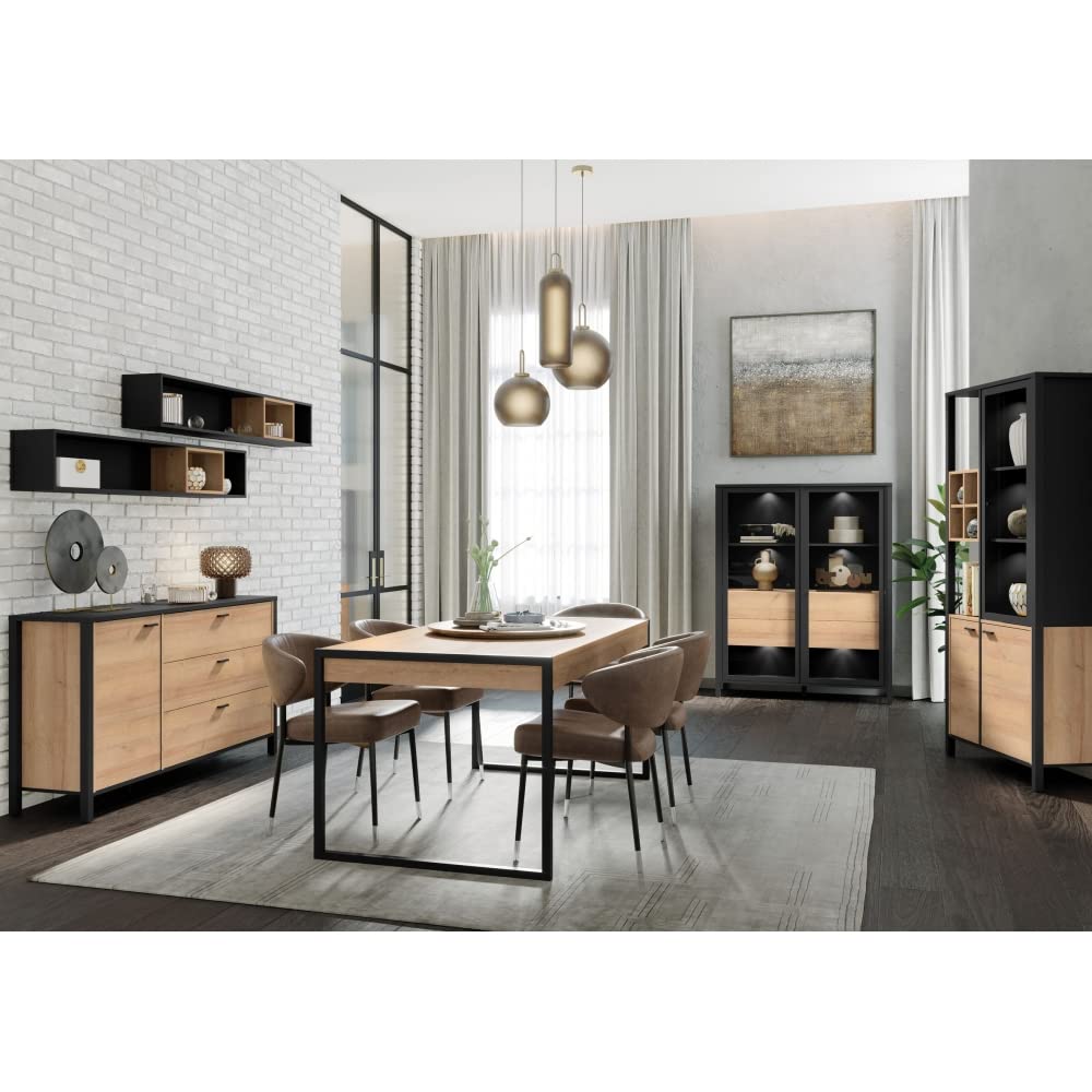 FORTE HIGH ROCK Vitrine mit 2 Türen und 1 Glastür, Holzwerkstoff, Schwarz / Riviera Eiche, 86.3 x 152.3 x 40.2 cm