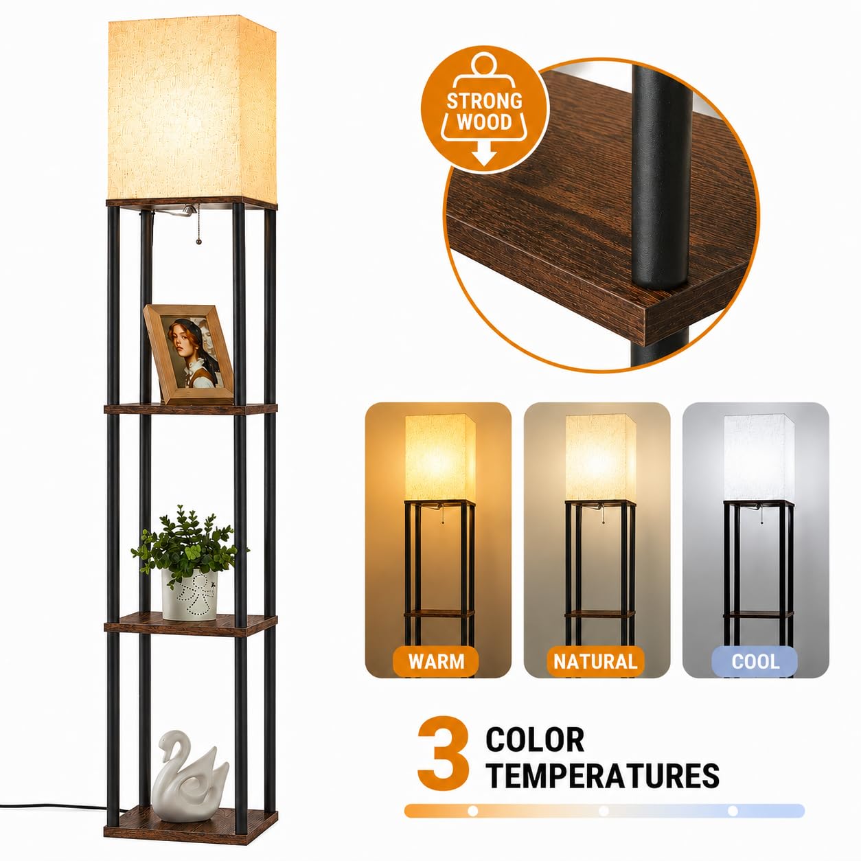IPARTS EXPERT Stehlampe Holzregal E27 3 Farbtemp. Vintage | Moderne Leselampe mit Lampenschirm, ideal für Wohnzimmer, Schlafzimmer, Büro. Farbe: Braun.