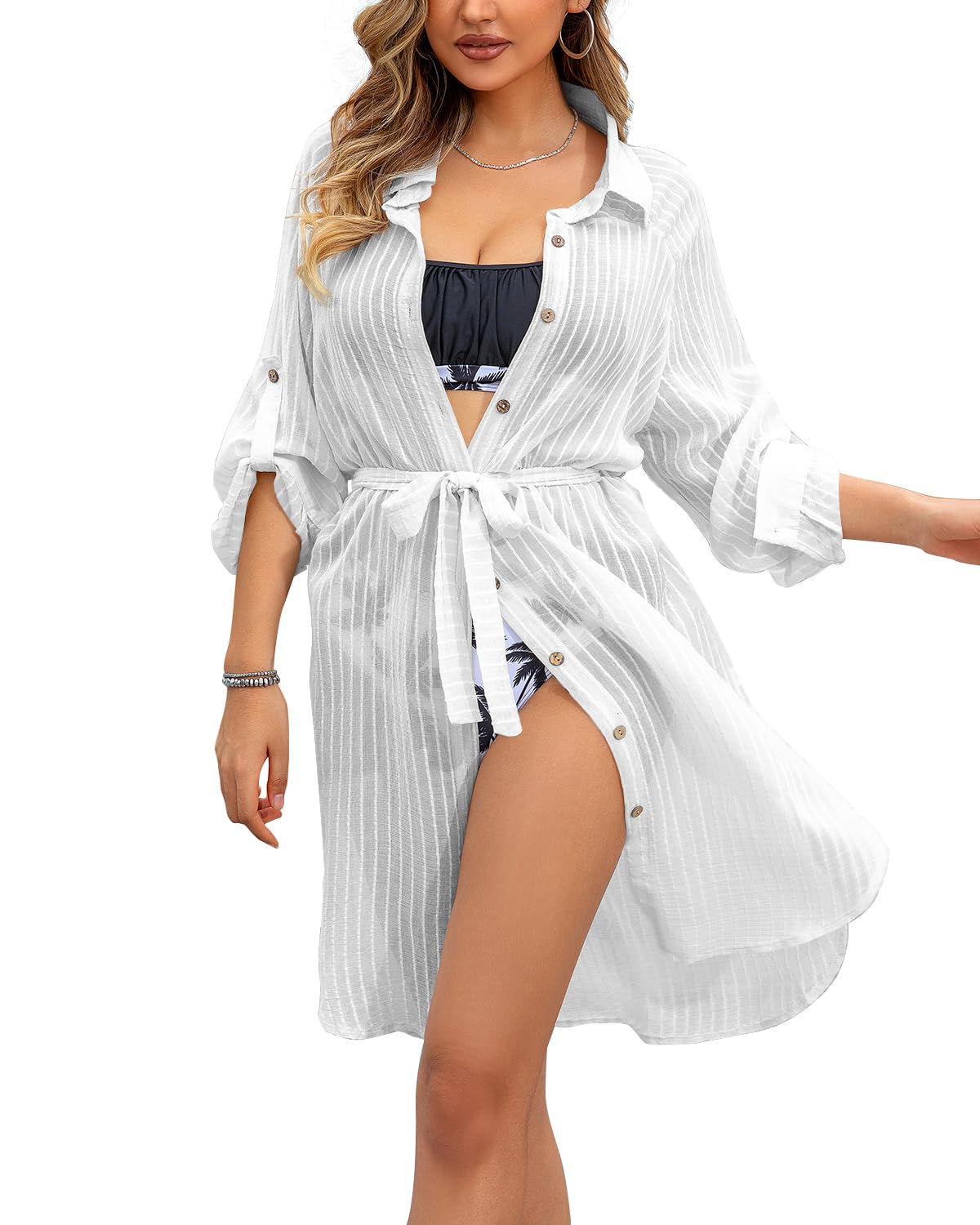 JFAN Camisolas Playa Mujer Verano Vestido Playa Mujer Casual Bikini Cover Up Bikini Camisa con Botón y Cinturón