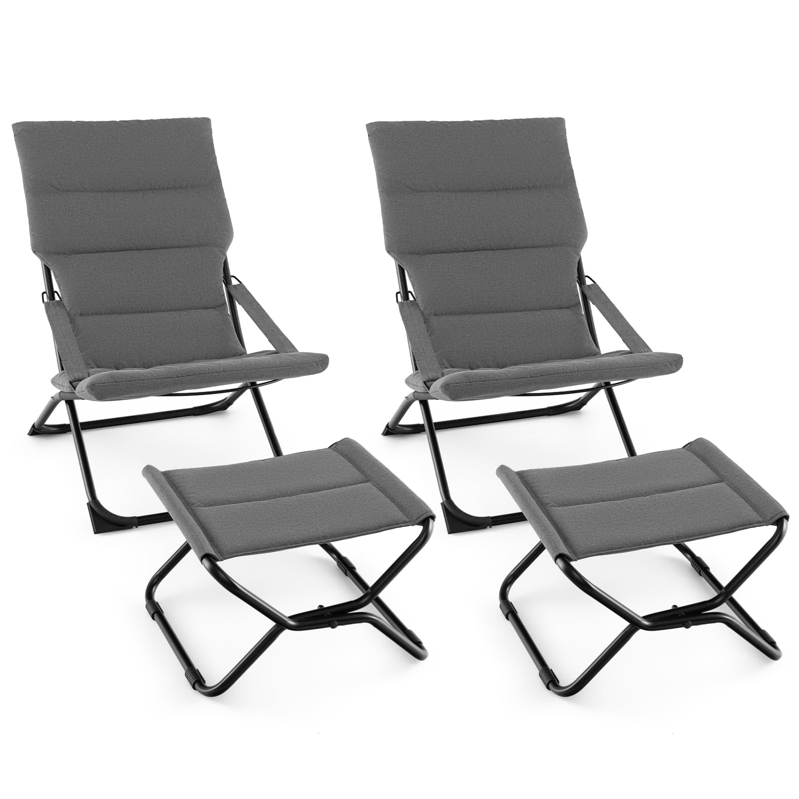 COSTWAY Folding Camping Chair, Outdoor Portable Lounge Chair with Footrest & Removable Cushion, Reclining Beach Chair and Ottoman Set for Deck, Garden, Poolside (2)